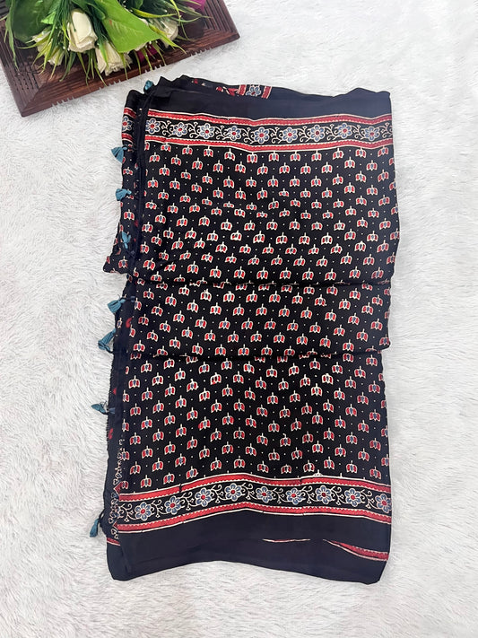 Black Kamal Buti Motif Ajrakh Hand Block Natural Dye Modal Silk Saree With Blouse