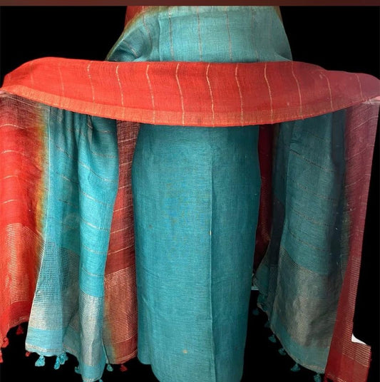 Firozi and Orange Dual toned Unstitched Pure Linen on Linen Jamdaani Daman 2 pc Suit Set