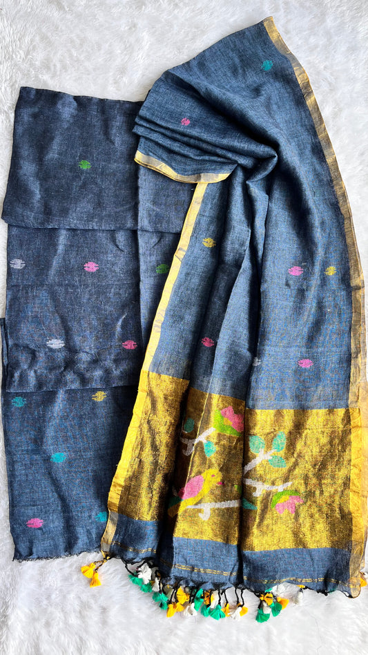 Blue Paithani Unstitched Pure Linen on Linen Hand Woven Daman 2 pc Suit Set