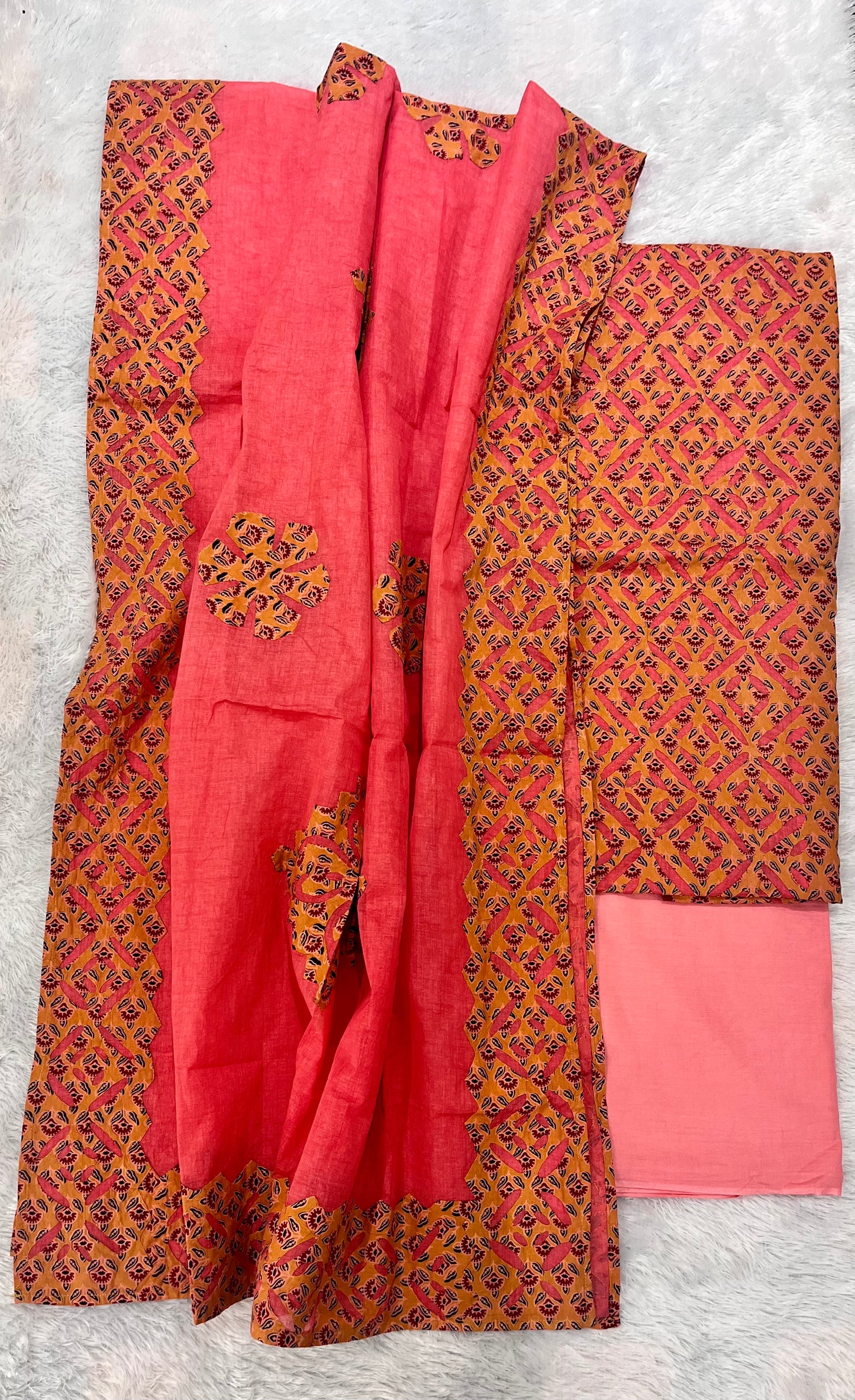 Pastel Peach Shade Barmer Ajrakh Applique Cut Work Cotton 3pc Suit Material Set