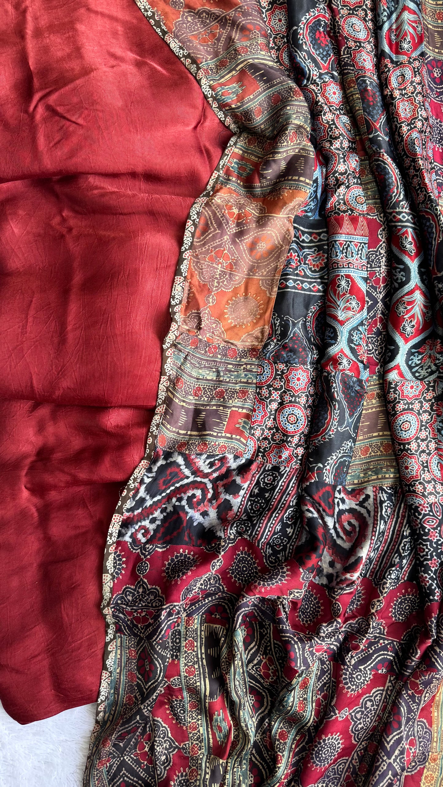 Maroon Solid Shade Modal Silk Ajrakh Hand Block Print 2pc Suit Material Set with Applique Work Dupatta