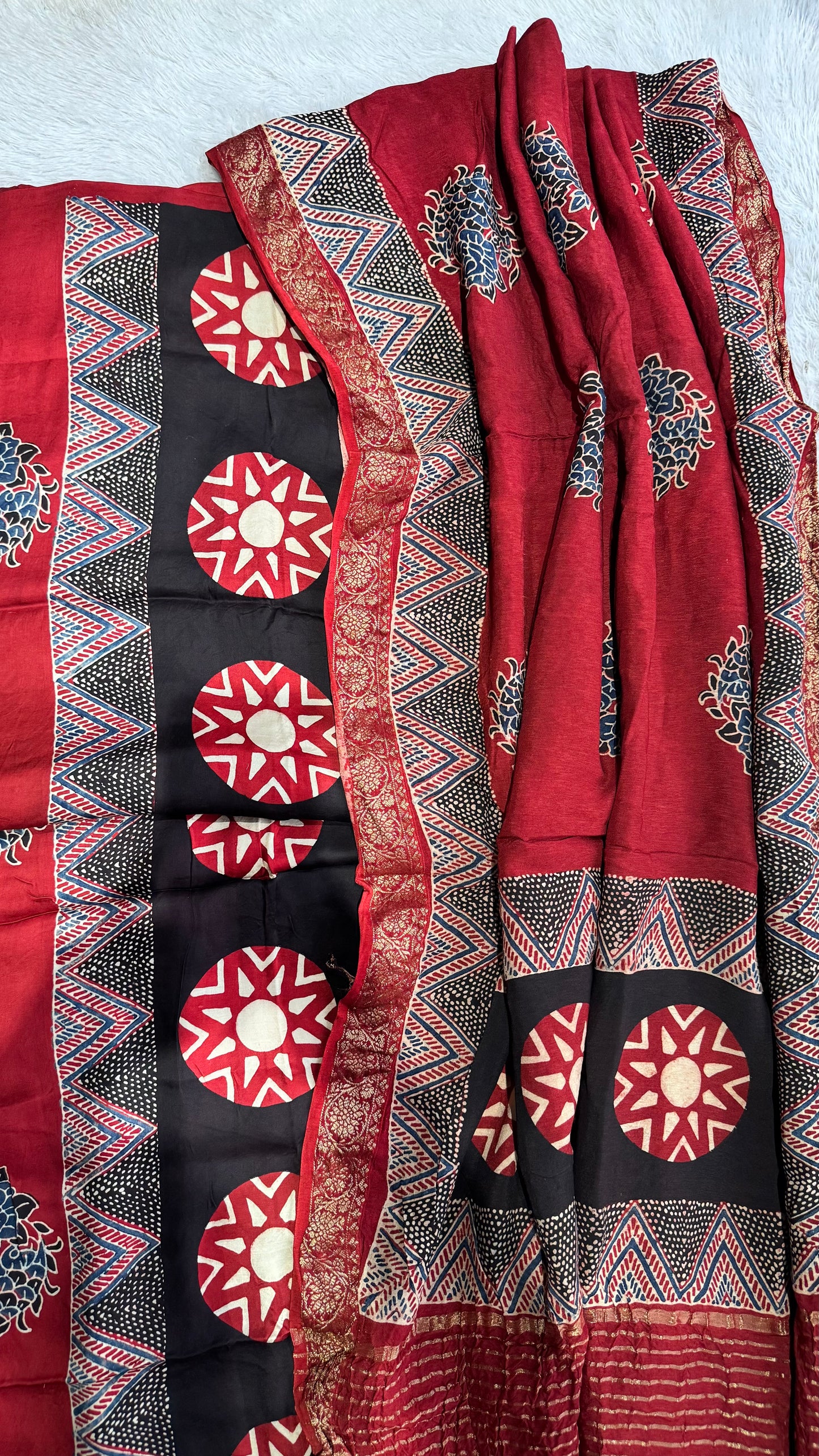 Maddar Red Star Motif Modal Silk Ajrakh Hand Block Print 2pc Suit Material Set with Dola Silk Dupatta