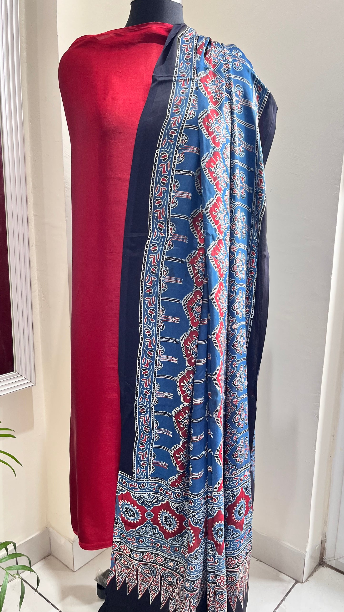 Maroon Solid Shade Modal Silk Suit Set with Blue Pure Modal Silk Dupatta