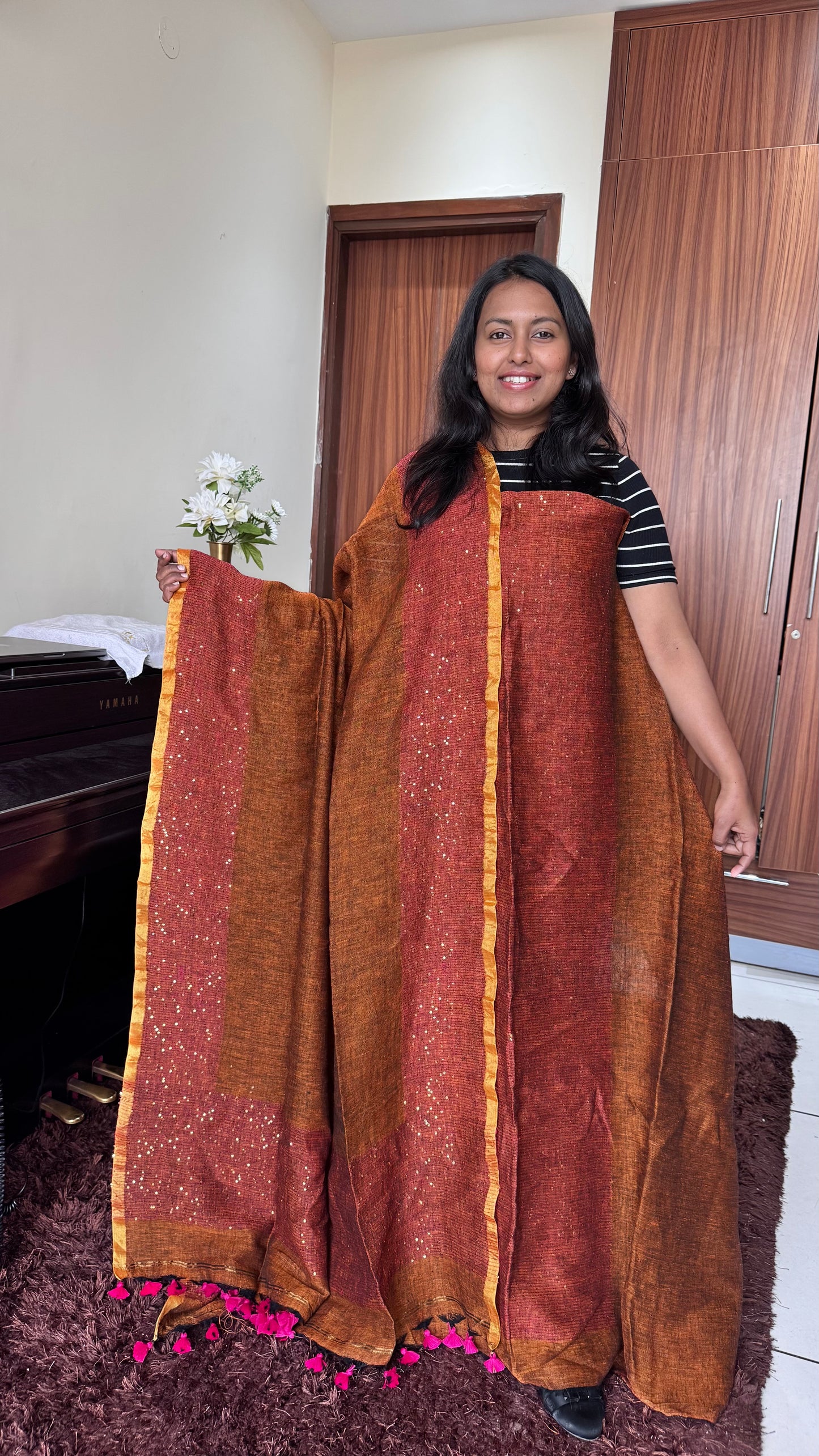 Dark Burnt Orange Pure Linen on Linen Hand Woven Suit Set with Sequins Work and Tassels