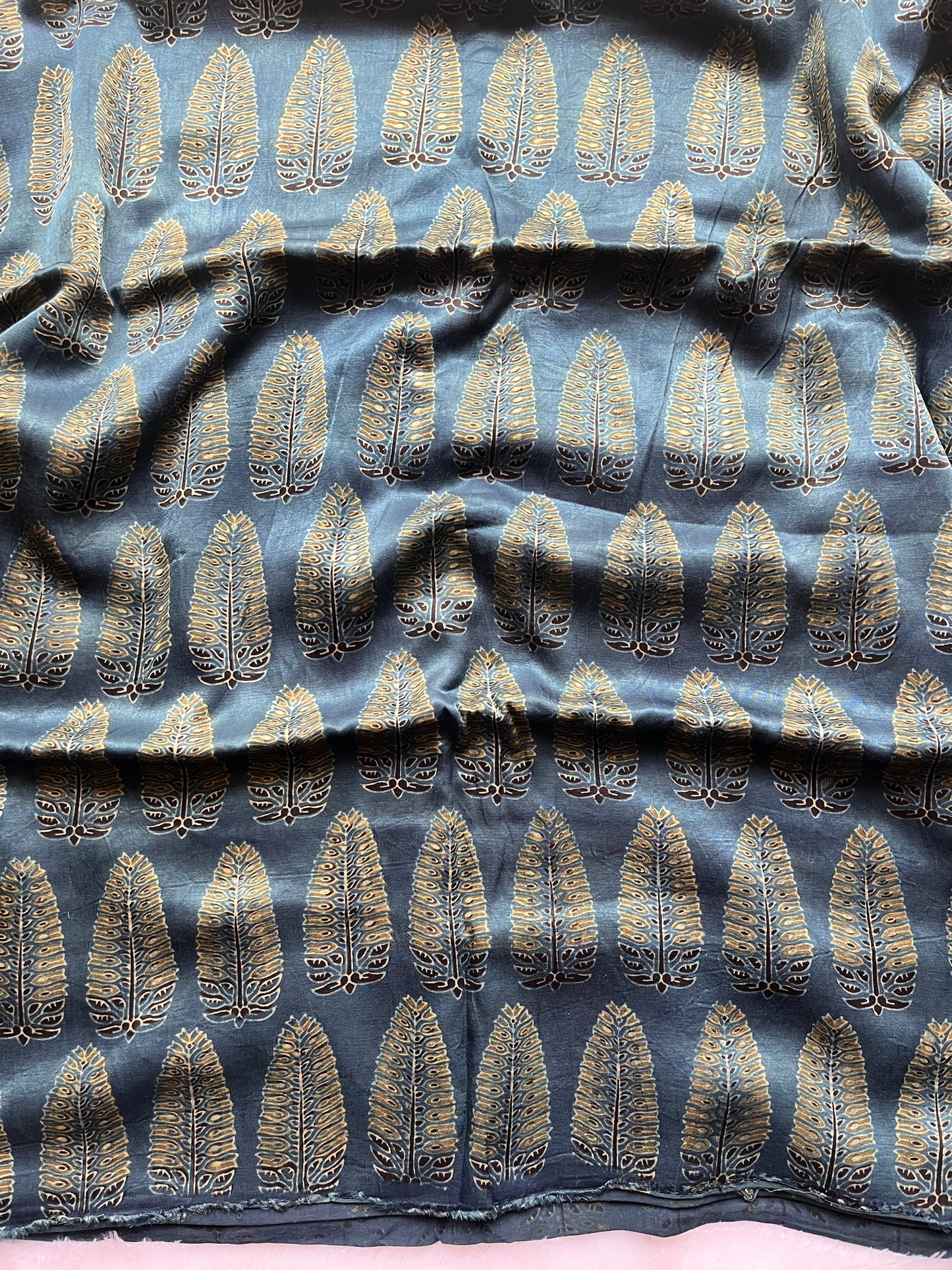 Indigo Asopallav Motif Ajrakh Mashru Silk Fabric