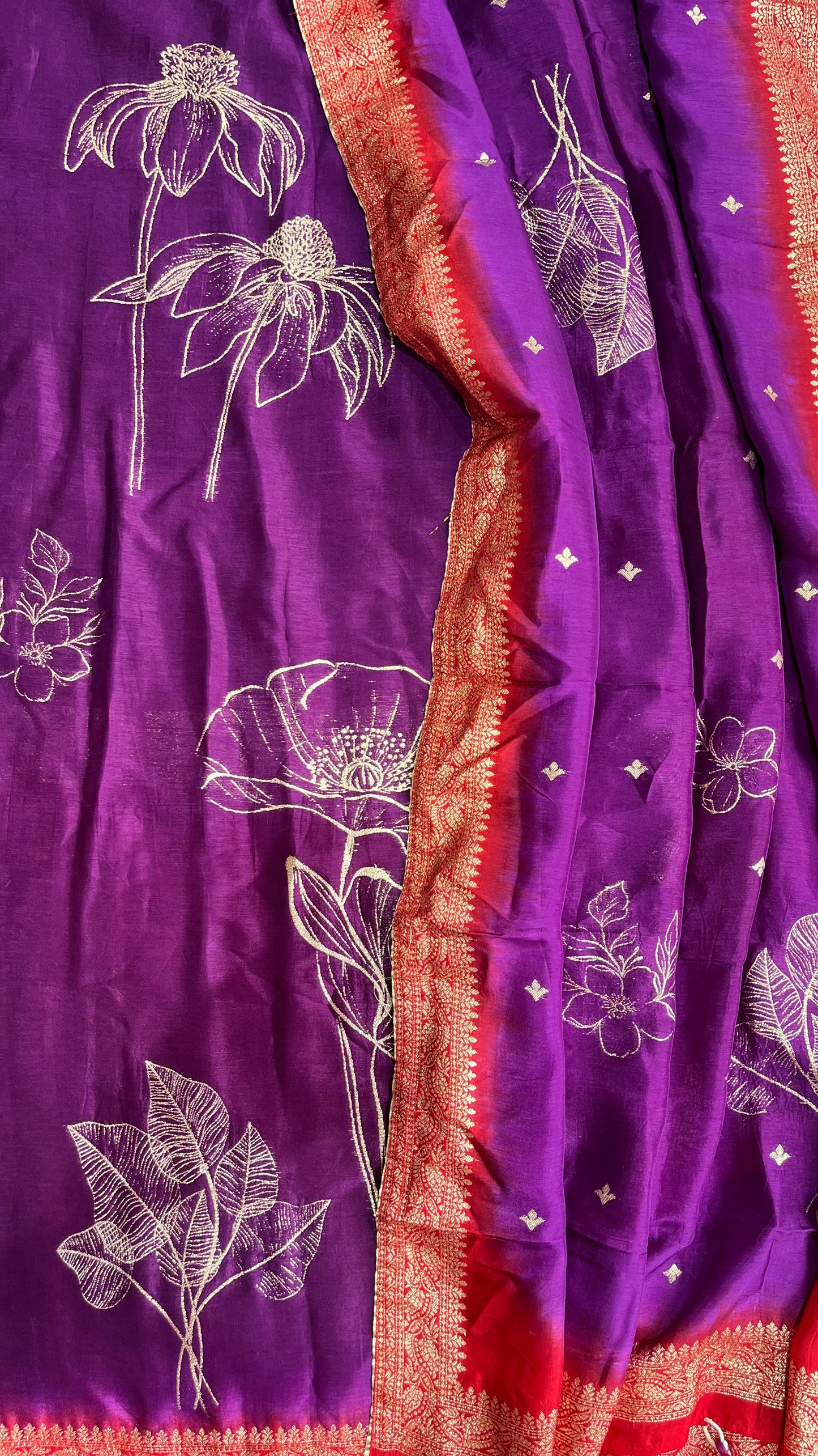 Etheral Purple Dola Silk Hand Brush Print 2pc Suit Material Set with Zari Pallu and Full Finish with Tassels