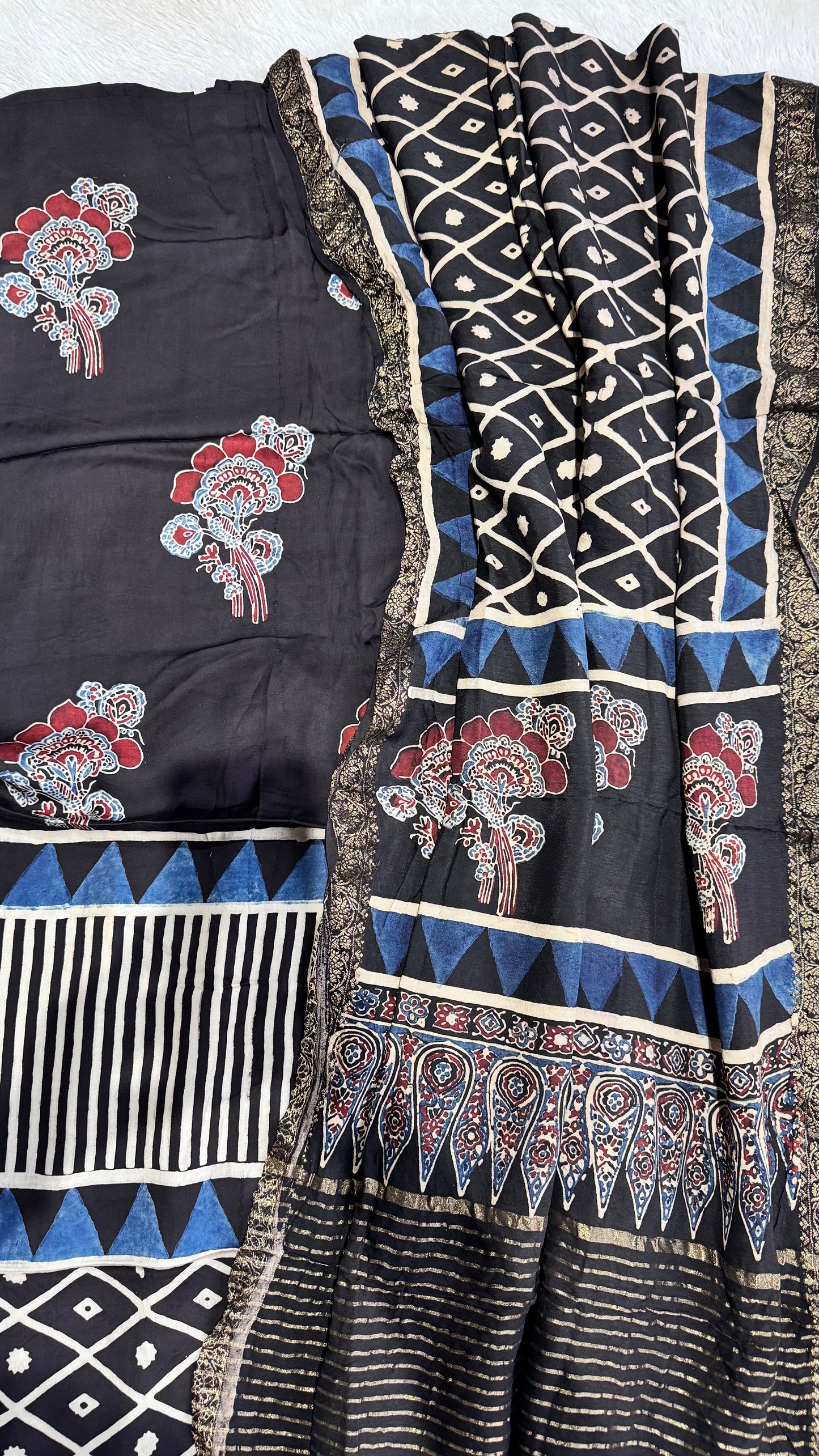 Black Buta Motif Modal Silk Ajrakh Hand Block Print 2pc Suit Material Set with Dola Silk Dupatta