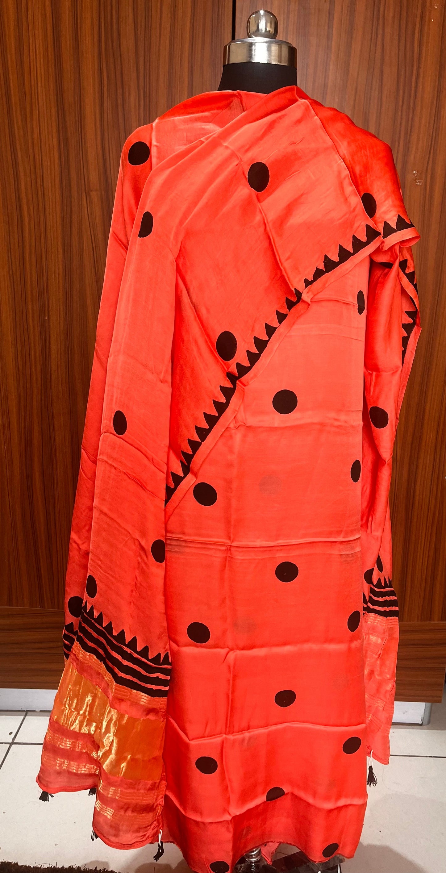 Peachish Orange Polka Motif Pure Modal Silk 2pc Suit Set with Lagdi Patti Dupatta