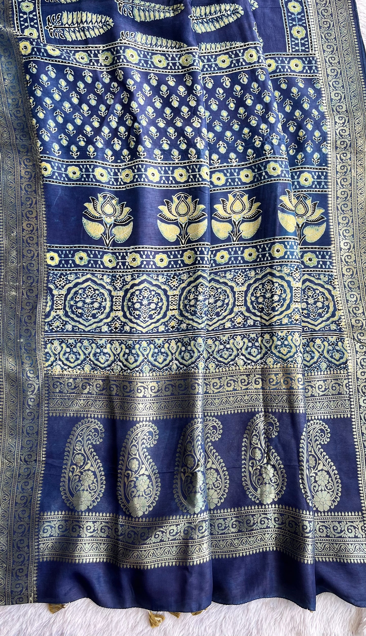 Indigo Asopallav Buta Motif Ajrakh Hand Block Dola Silk Saree with Zari Pallu (With Blouse)