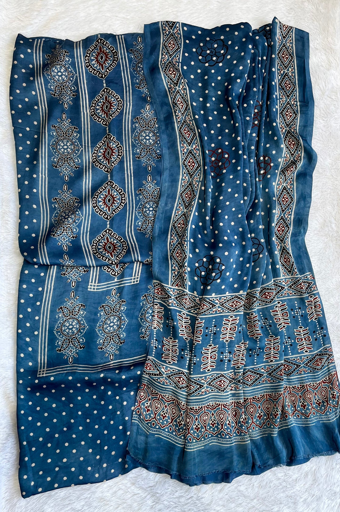 Blue Mugal Boota Motif Modal Silk Ajrakh Natural Dyed Hand Block 2pc Suit Set