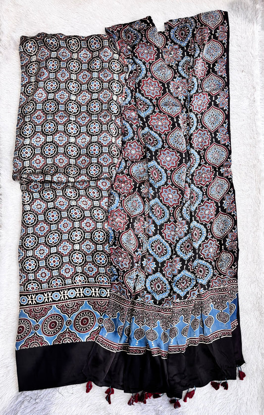 Black Shade Grid and Badaam Buta Modal Silk Ajrakh Hand Block Print 2pc Suit Material Set with Modal Silk Dupatta
