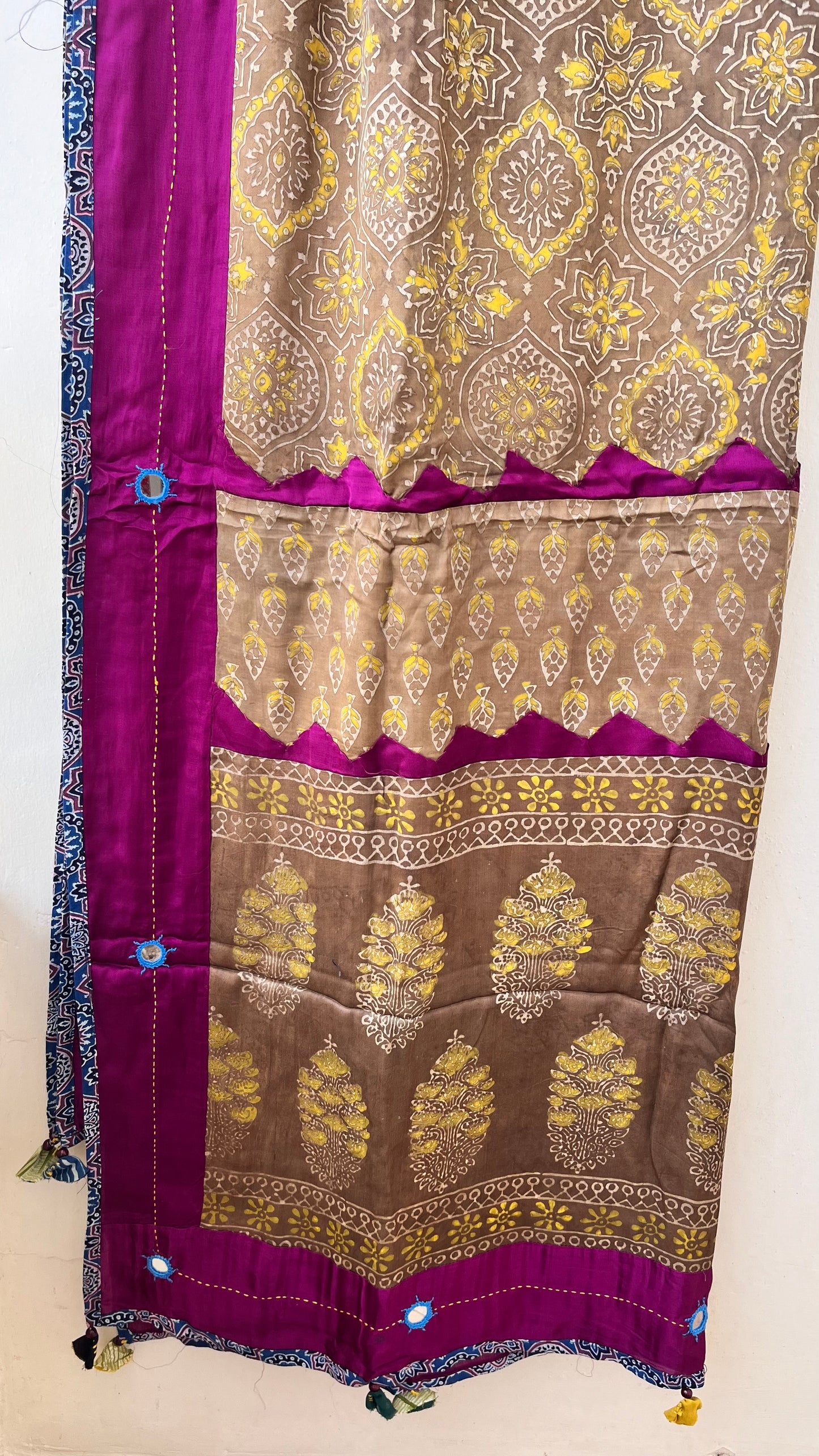 Mitti Shade Ajrakh Applique Patchwork Modal Silk Kantha Work Dupatta with Tassels and Mirror-work