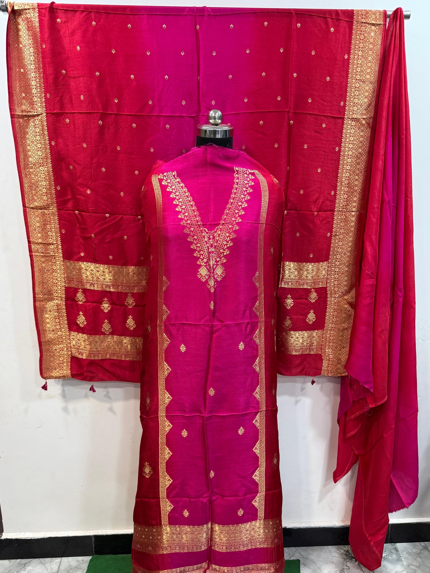 Red and Rani Pink Dola Silk 3pc Suit Set with Zari Yoke/Dupatta and Matching Lower