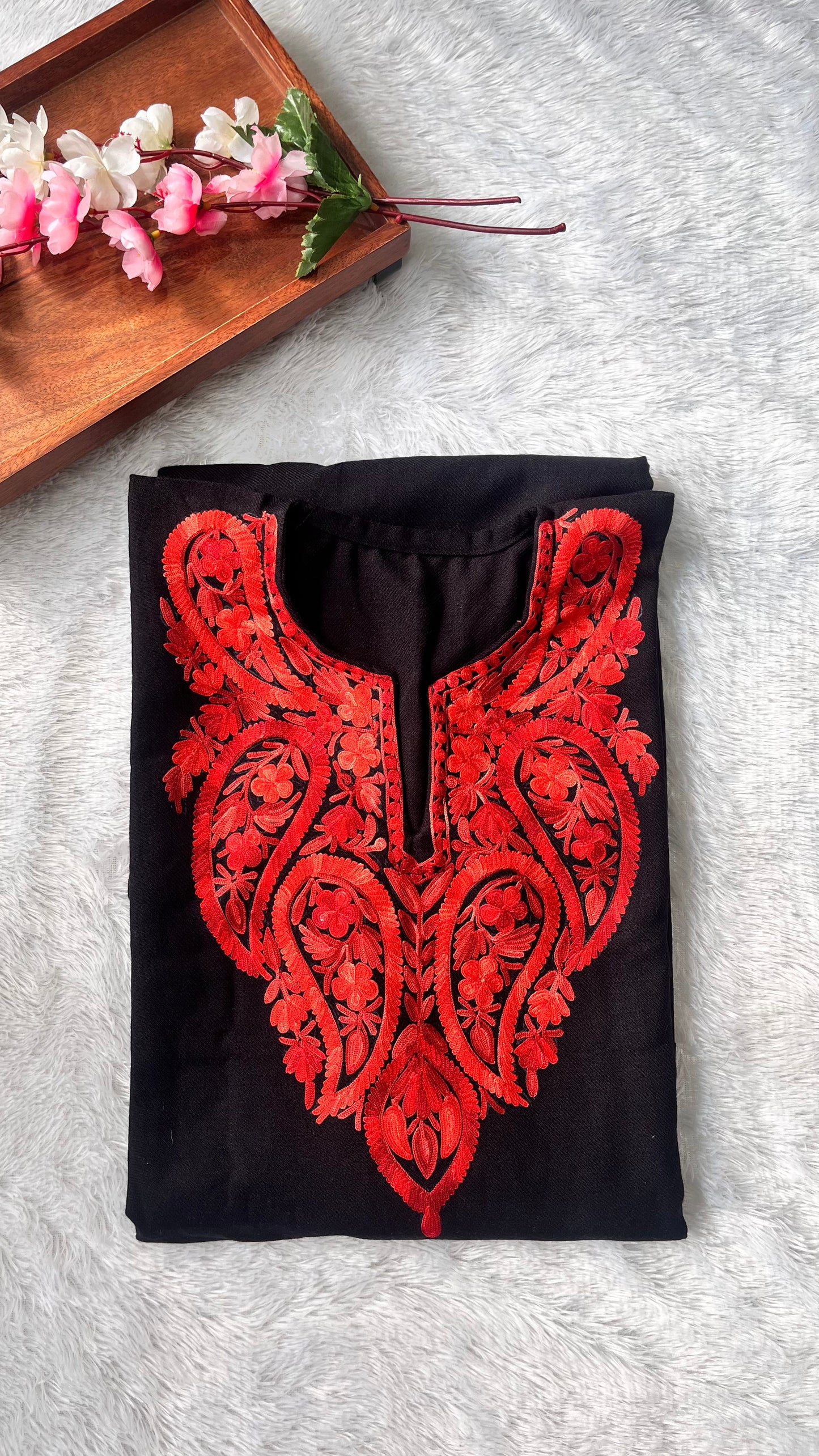 Black and Red Shade Kashmiri Aari Work Full Embroidered Pheran with Pockets