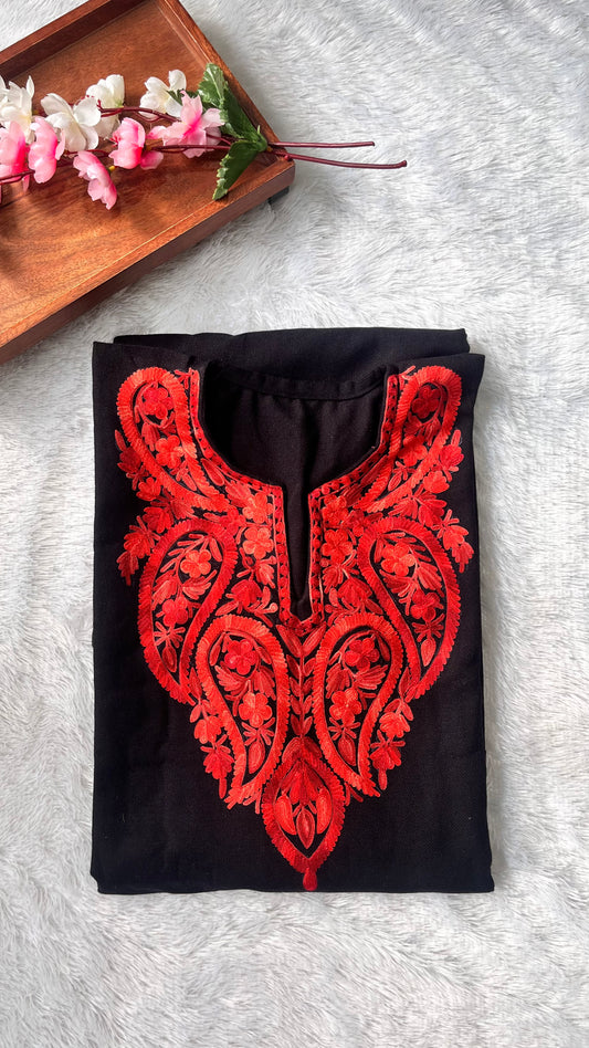 Black and Red Shade Kashmiri Aari Work Full Embroidered Pheran with Pockets