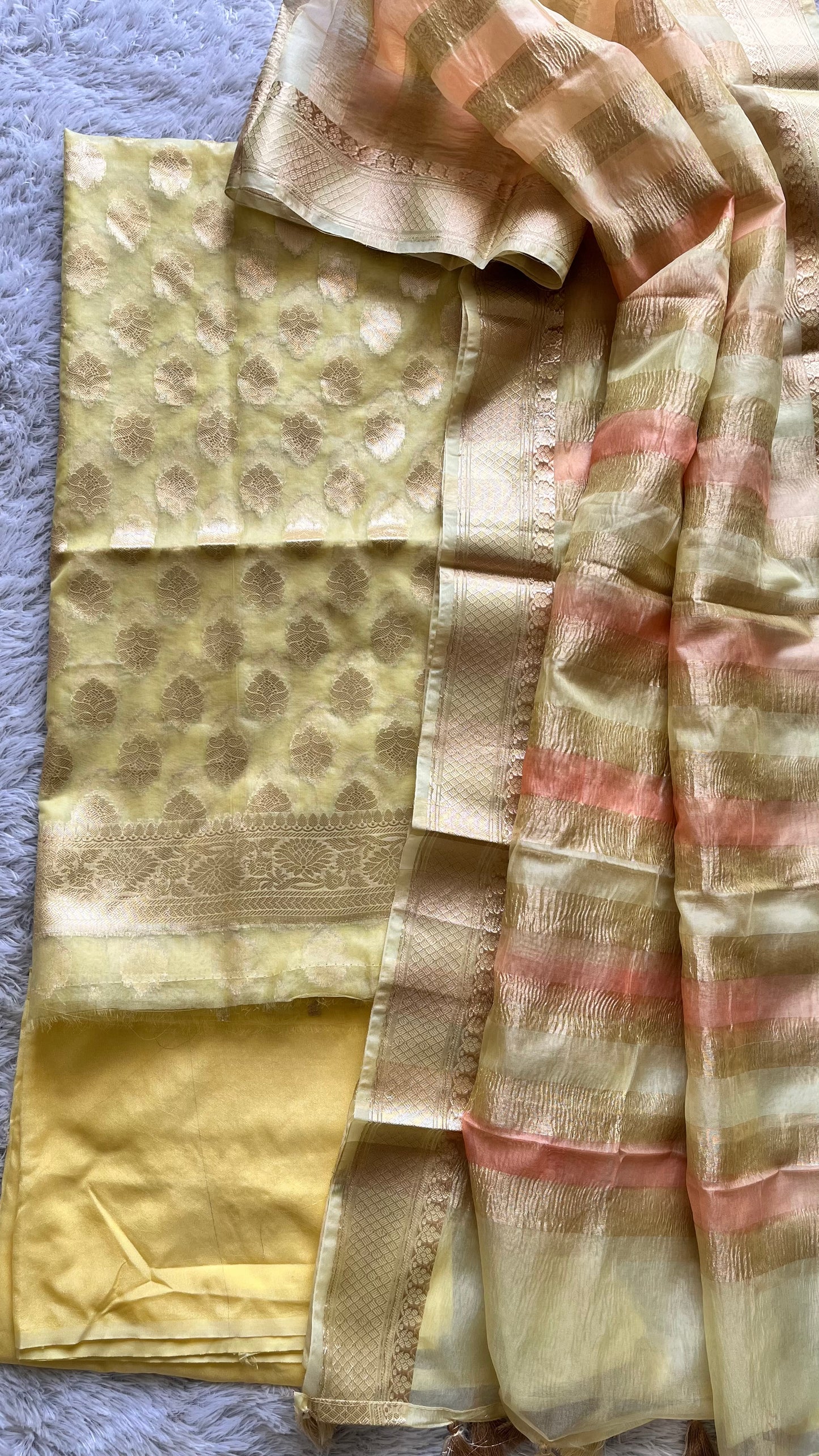 Yellow Shade Banarasi Tissue Silk 3-Piece Suit with Threadwork & Crushed Organza Dupatta