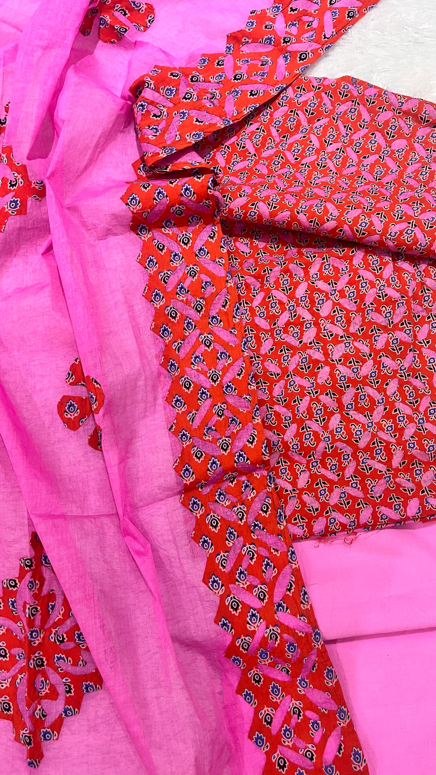 Fanta Orange and Pink Barmer Applique Cut Work 3 pc Cotton Suit Material Set