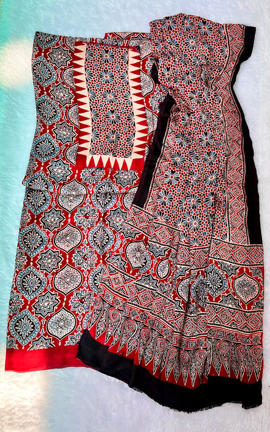 Red Badaam Buta Motif Modal Silk Hand Block Print 2pc Suit Material Set