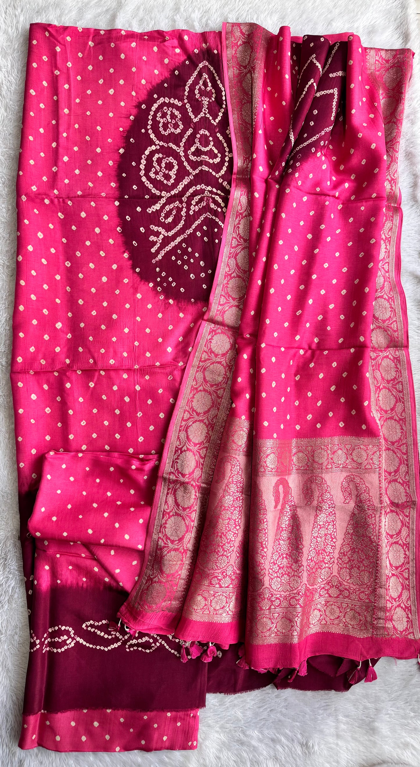 Peach And Maroon Bandhej Pure Dola Silk Ajrakh Hand Block Print 3 pc Suit Material Set with Menakari Yoke and Nakkashi Dupatta and Bottom
