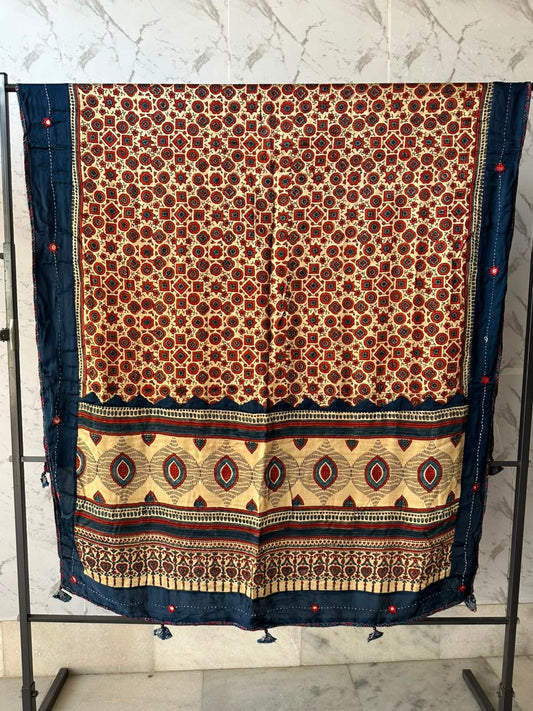 Cream and Red Ajrakh Applique Patchwork Modal Silk Kantha Work Dupatta with Tassels and Mirror-work