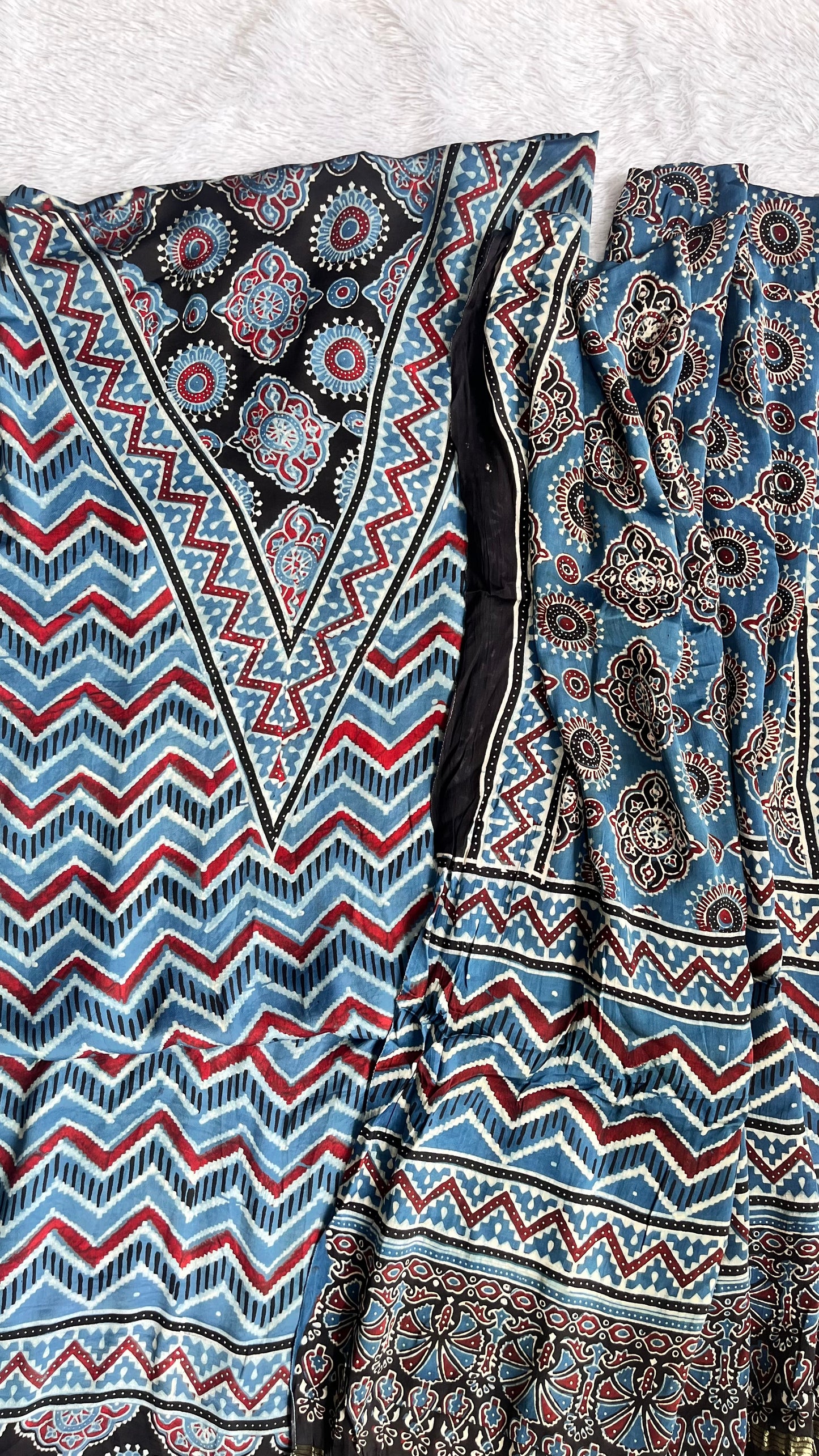 Blue and Black Zigzag Motif Ajrakh Hand Block Modal Silk 2pc Suit Material Set with Lagdi Patti Dupatta