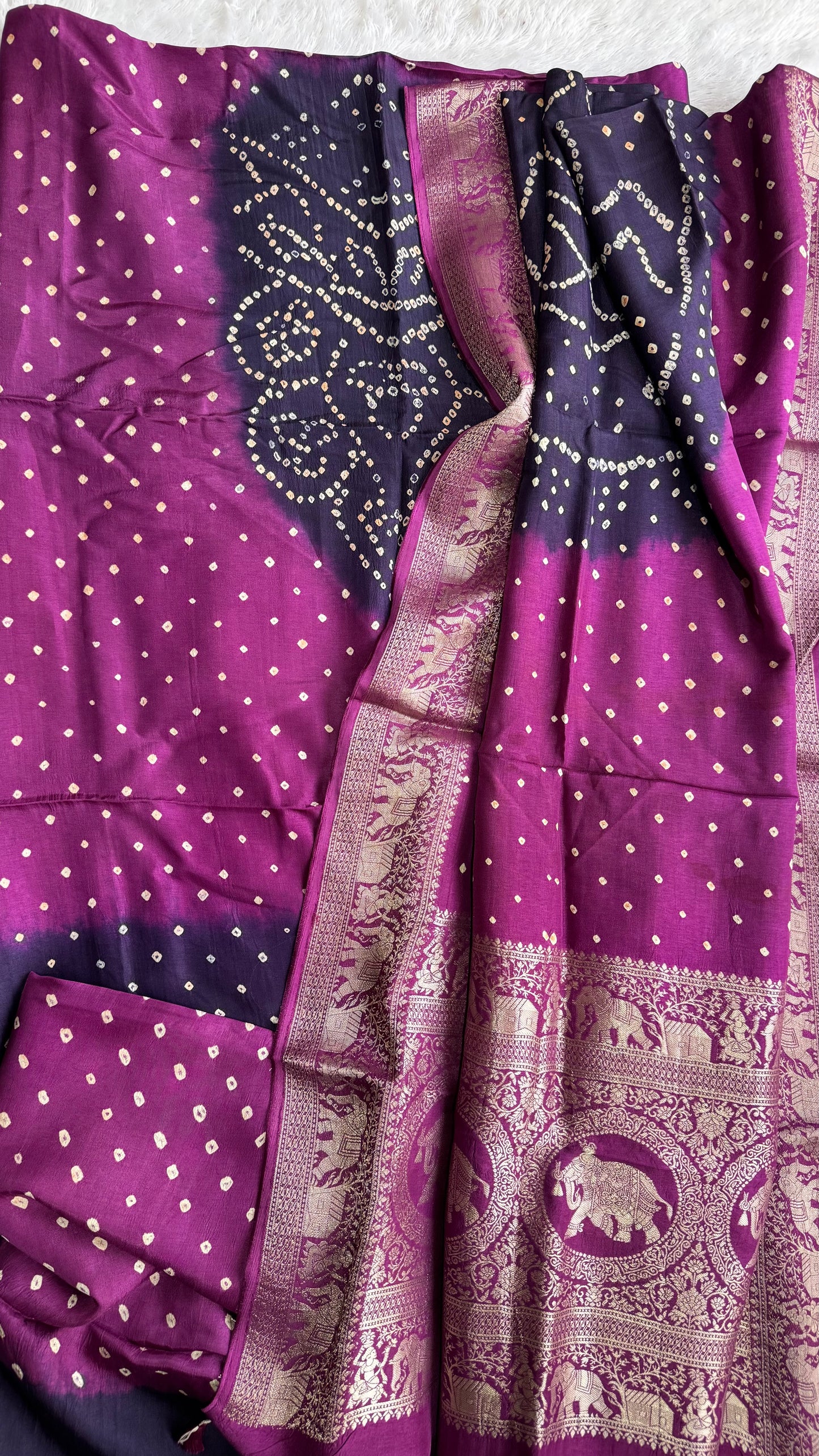 Dark Blue and Purple Bandhej Pure Dola Silk Ajrakh Hand Block Print 3 pc Suit Material Set with Menakari Yoke and Nakkashi Dupatta and Bottom