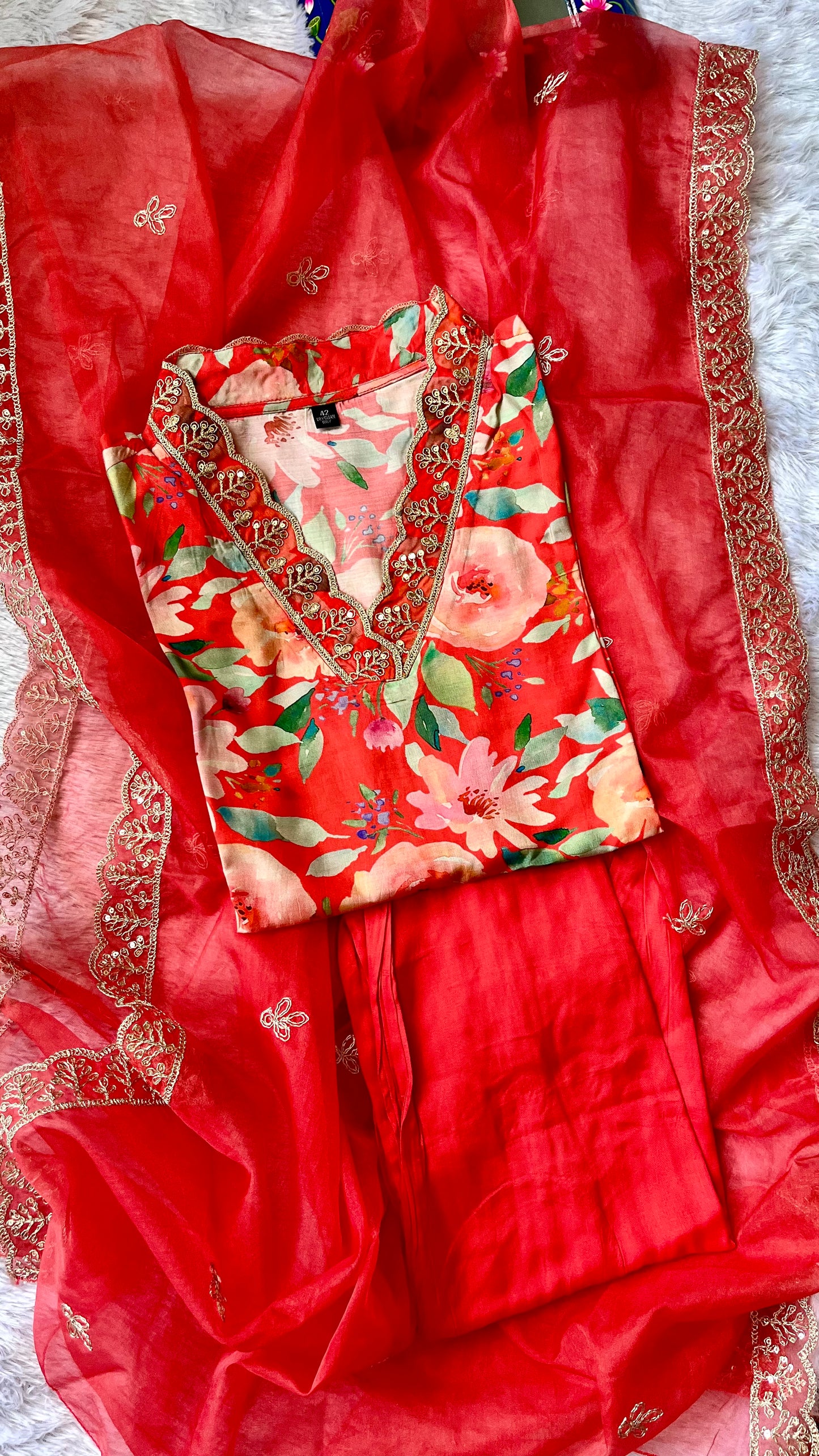 Flaming Orange Floral Print Pure Muslin Suit Set with Organza Dupatta