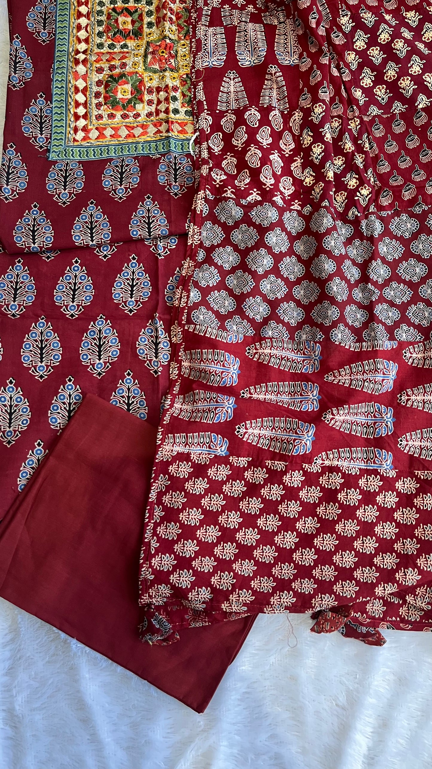 Maroon Ajrakh Applique Unstitched Cotton Suit Set with Applique Dupatta