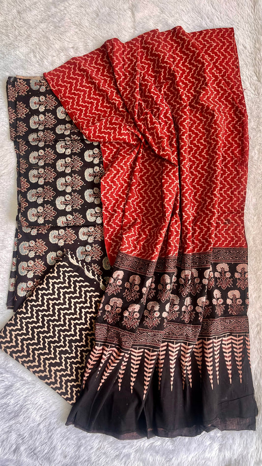 Black Mugal Booti Motif Ajrakh Unstitched Pure Cotton Suit Set with Cotton Dupatta