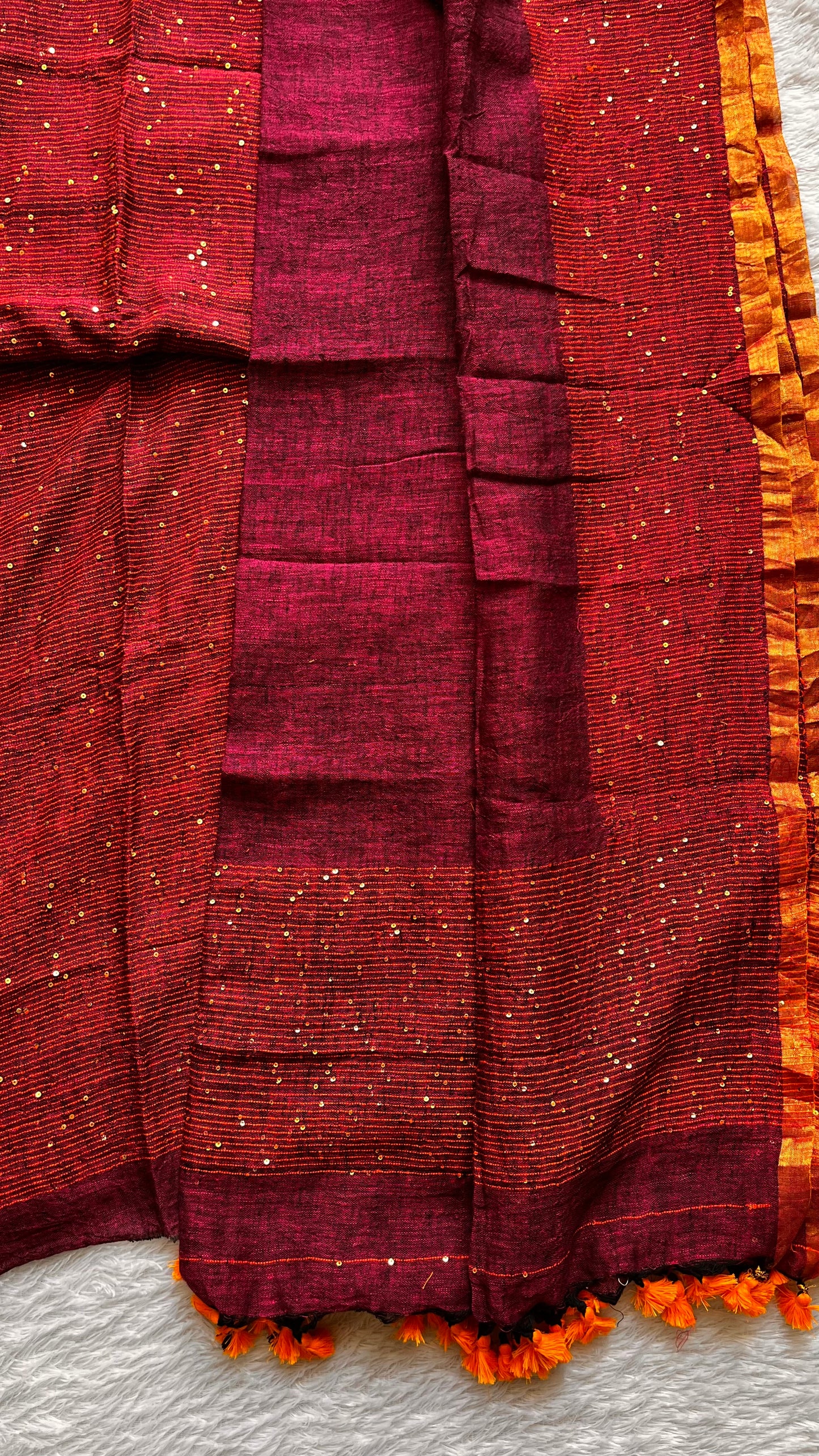 Dark Burnt Orange Pure Linen on Linen Hand Woven Suit Set with Sequins Work and Tassels