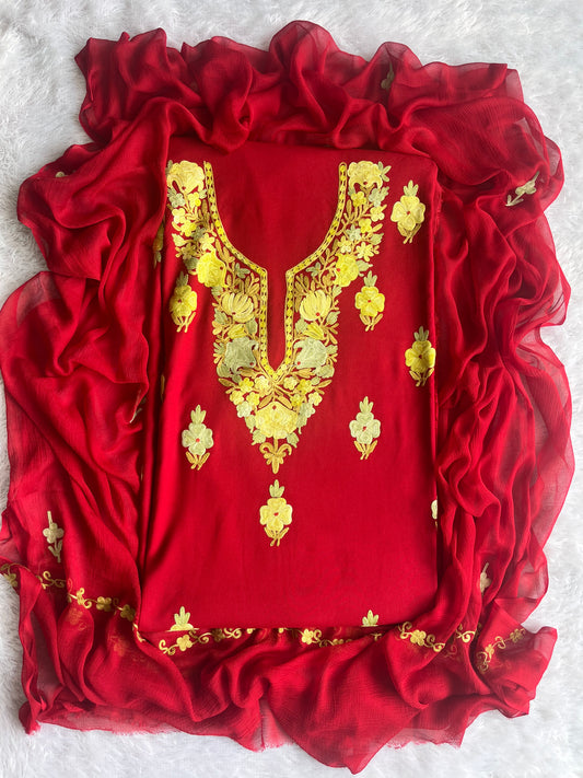 Ravishing Red and Yellow Matching Work Muslin Cotton Kashmiri Aari Full Embroidered 3pc Suit Set