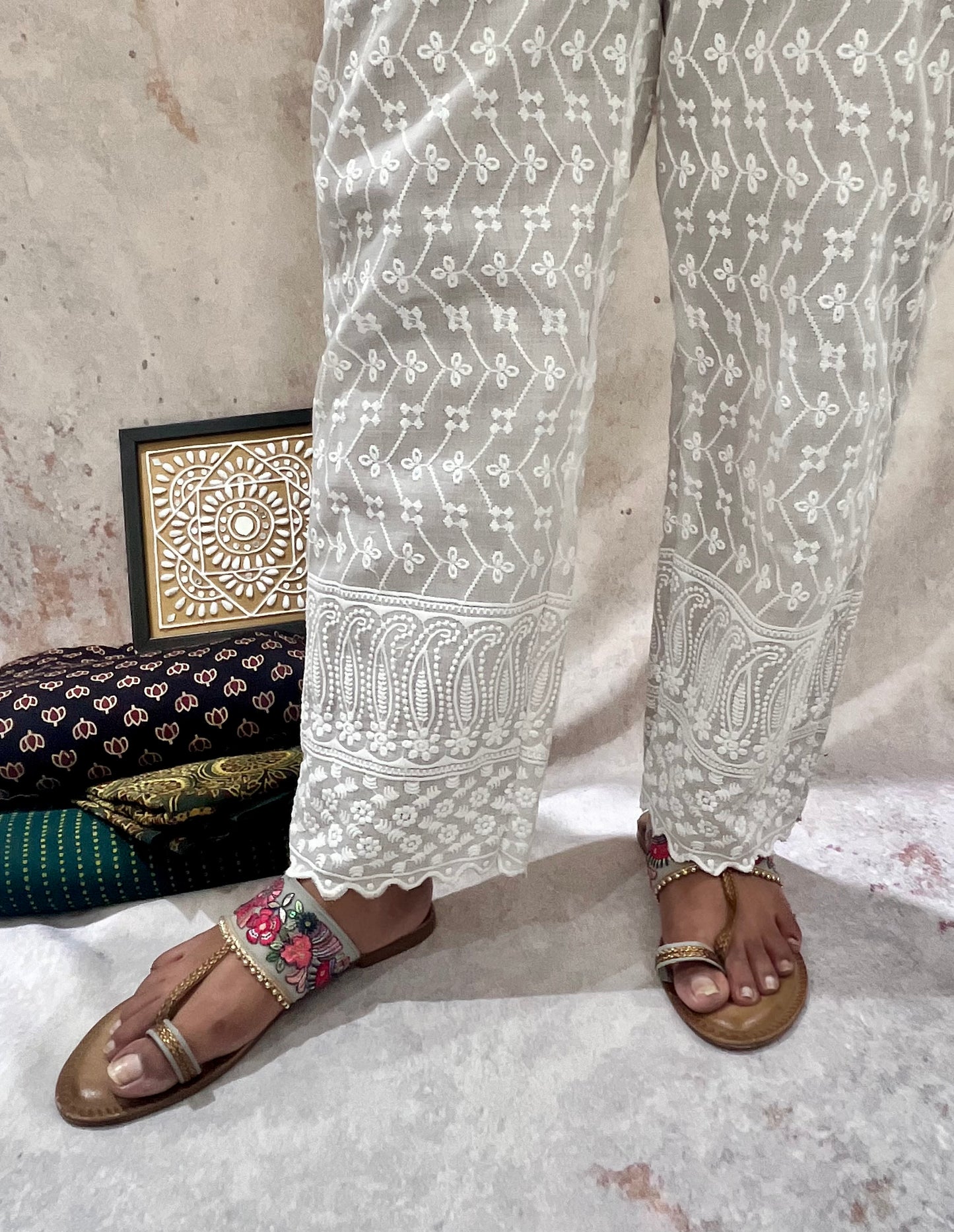 White Cotton Pants with Full Chikankari Work