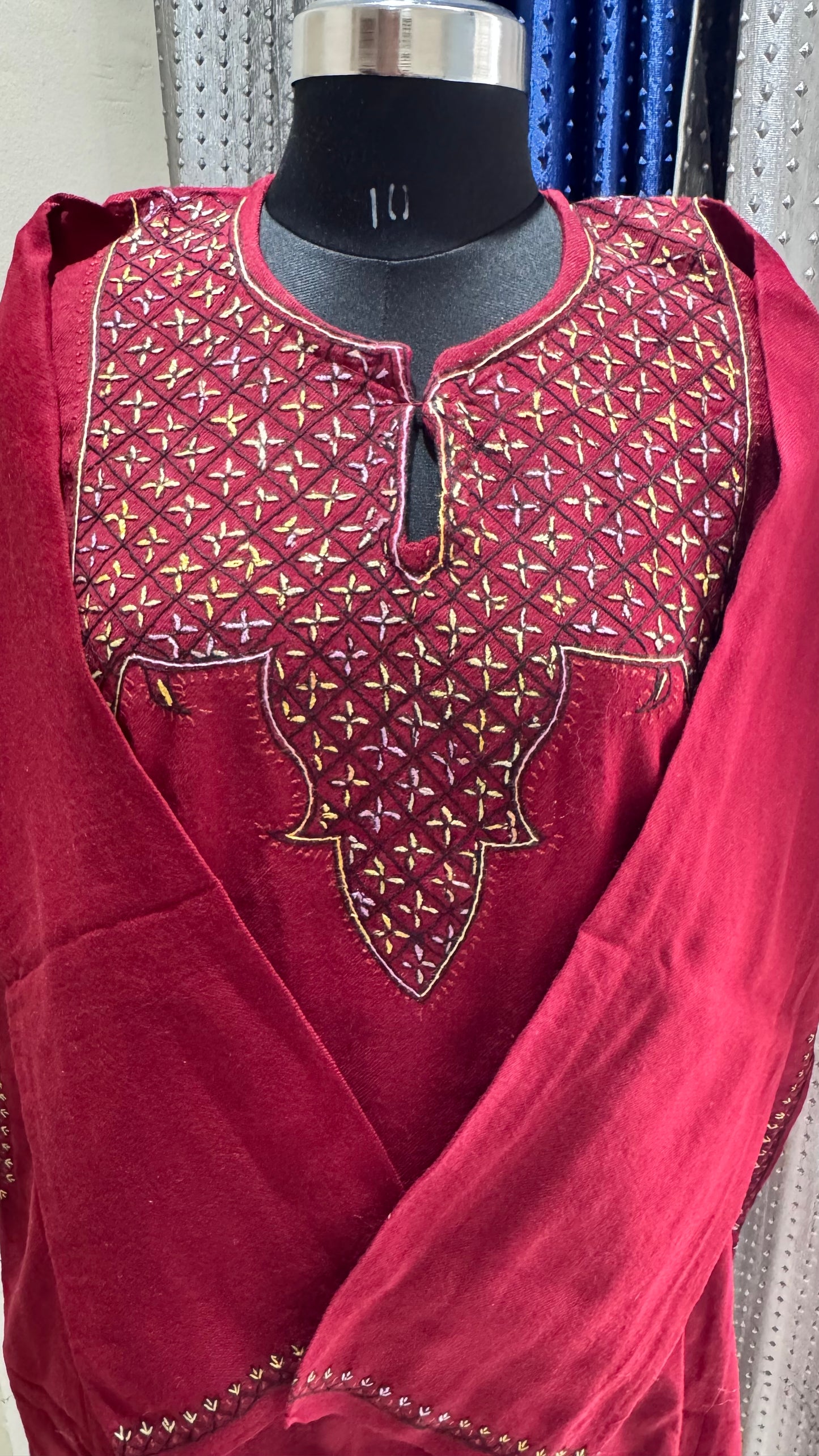 Maroon Floral Hand Embroidered Pure Marino Wool Kashmiri Pheran with Pockets and Hand Embroidered Sleeves (Size 58”)