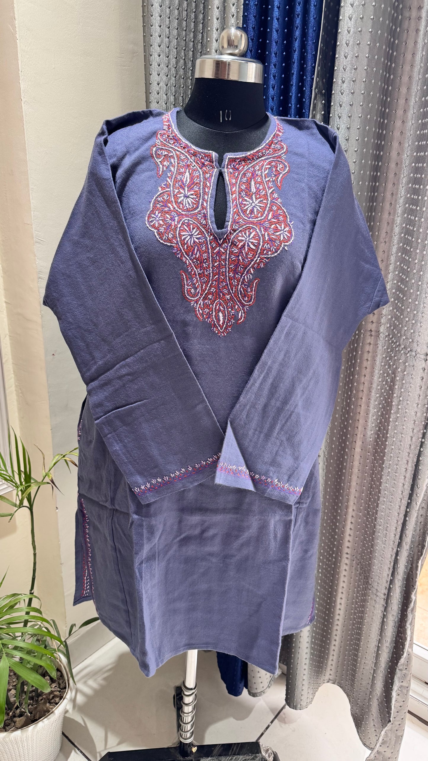 Ash Blue Sozni Hand Embroidered Pure Marino Wool Kashmiri Pheran with Pockets and Hand Embroidered Sleeves (Size 52”)