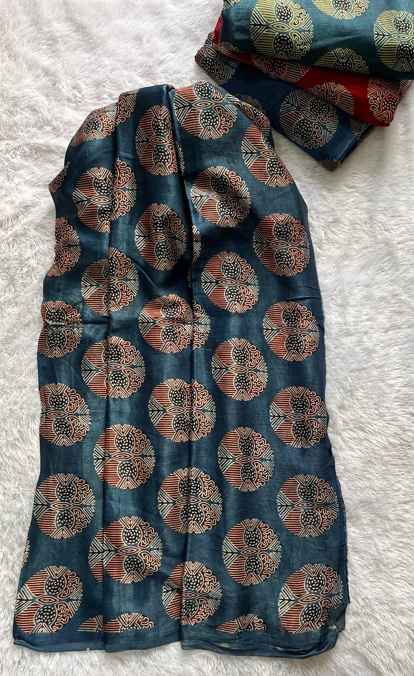 Blue Shade Circle Motif Ajrakh Mashru Silk Fabric