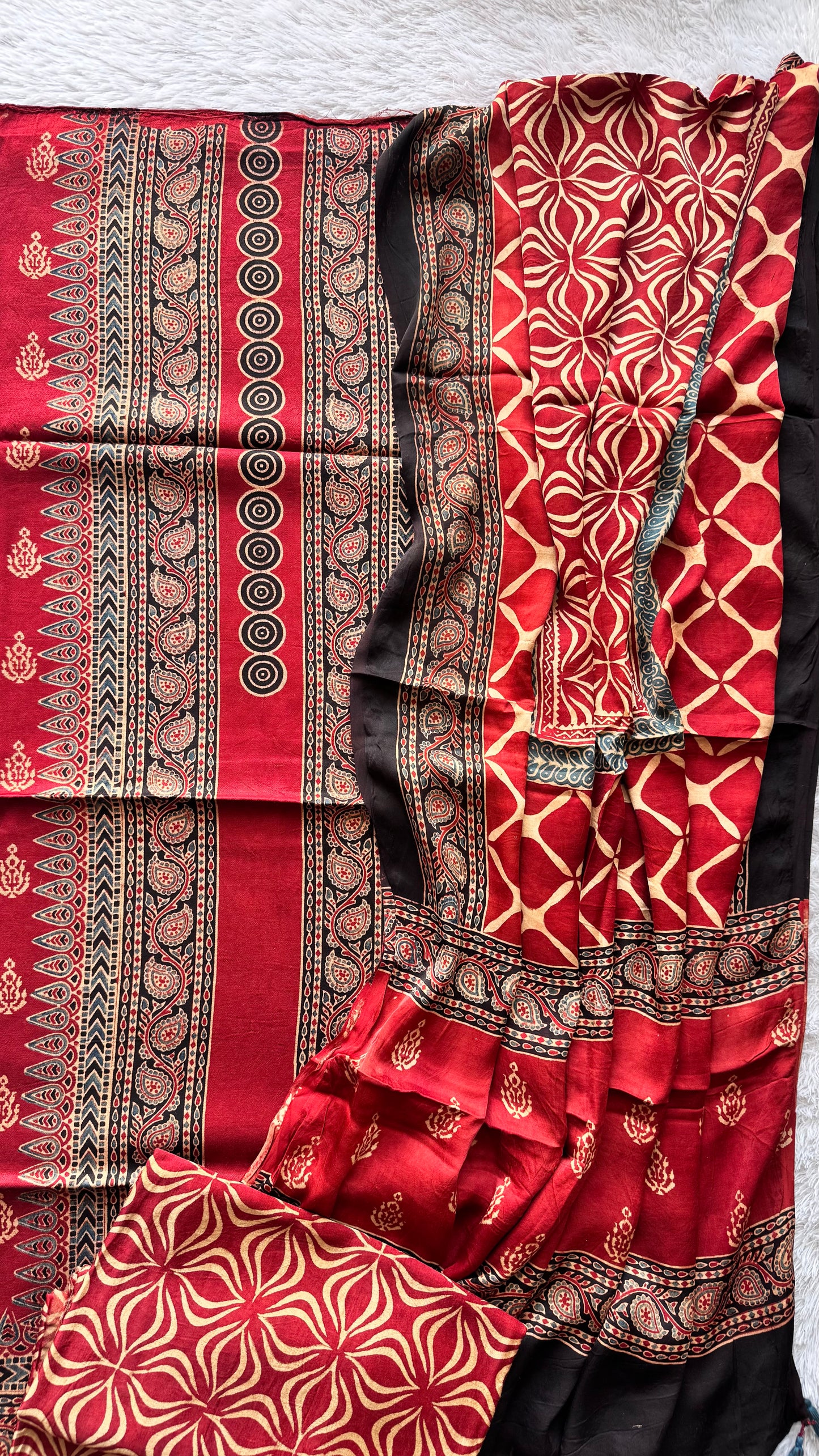 Deep Red Motif Ajrakh Hand Block Print Mashru Silk 3 pc Suit Material with Modal Silk Dupatta