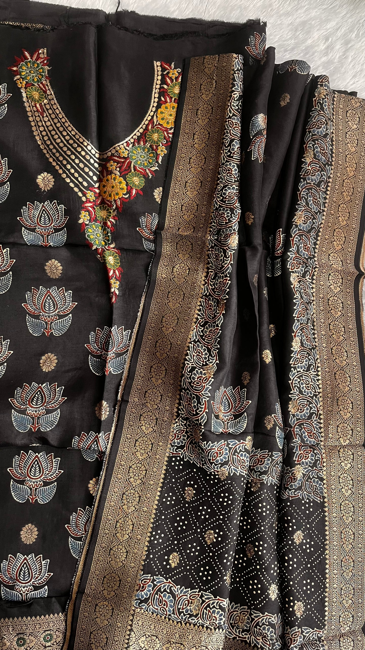 Regal Black Butterfly Boota Pure Dola Silk Ajrakh Hand Block Print 2pc Suit Material Set with Menakari Yoke and Nakkashi Dupatta