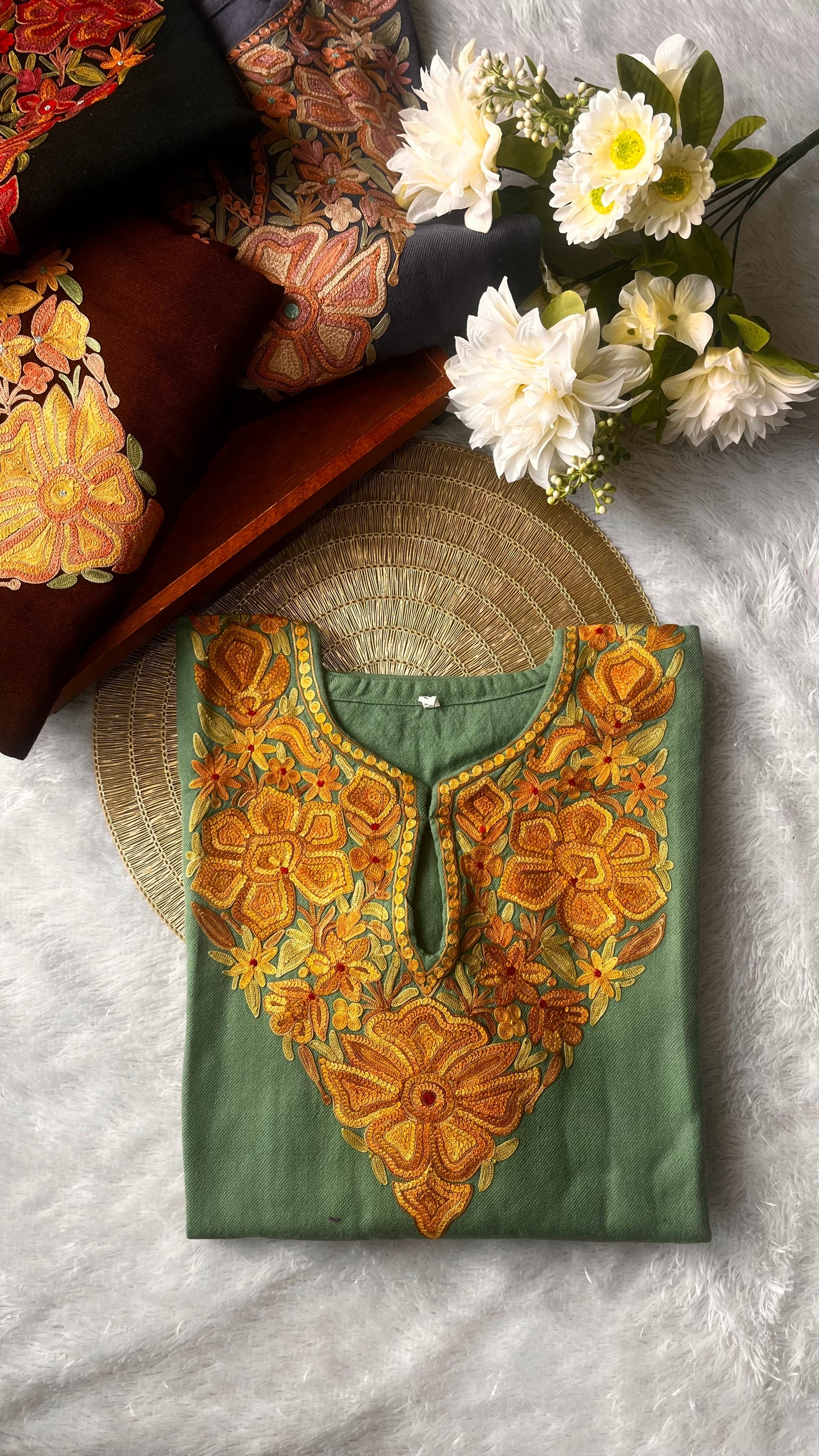 Sea Green Shade Aari Hand Embroidered Marino Wool Pheran with Pockets