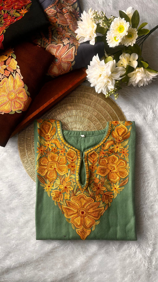 Sea Green Shade Aari Hand Embroidered Marino Wool Pheran with Pockets