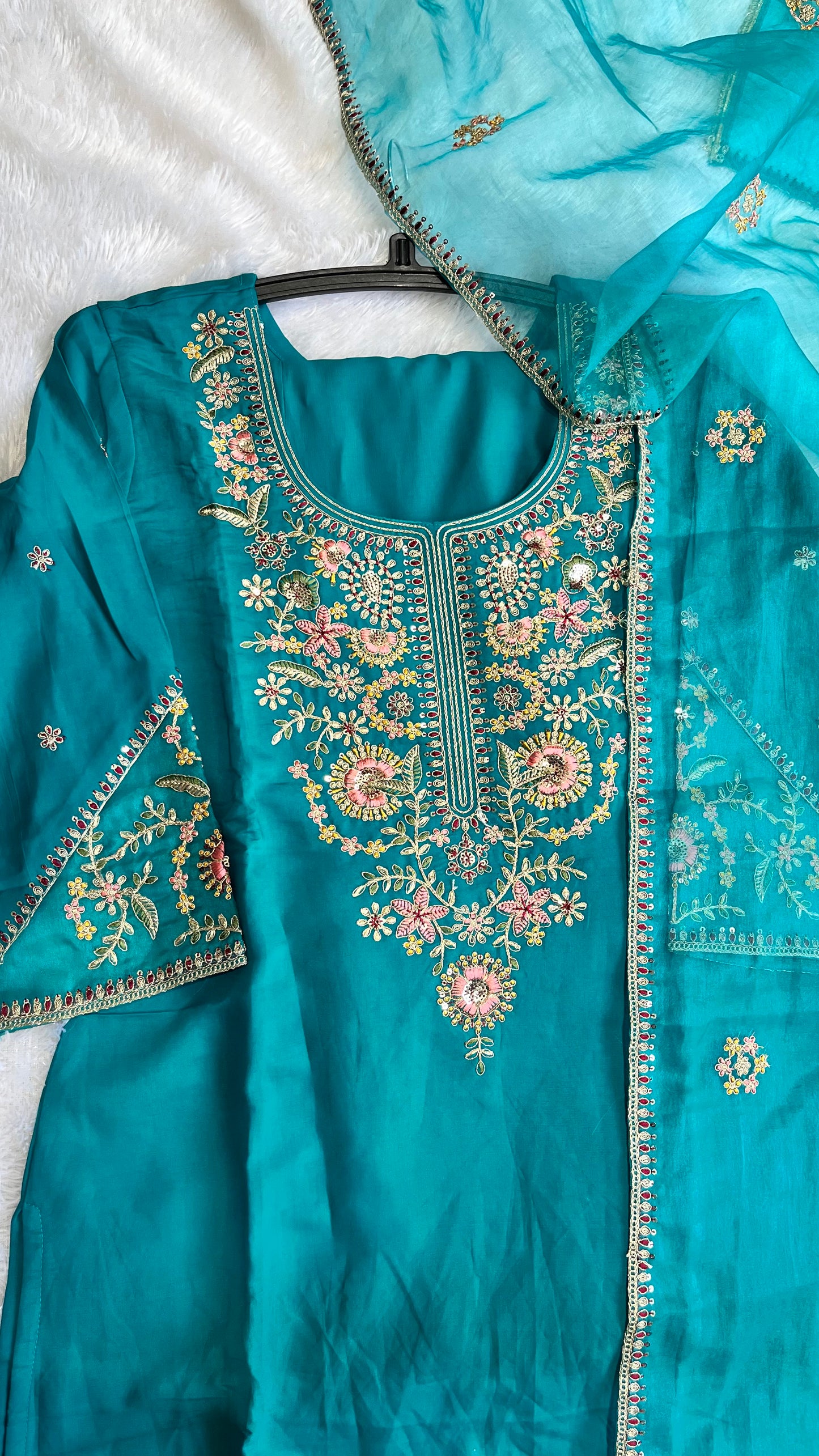 Teal Blue Pure Muslin Suit Set with Organza Dupatta and Organza Sleeve Details