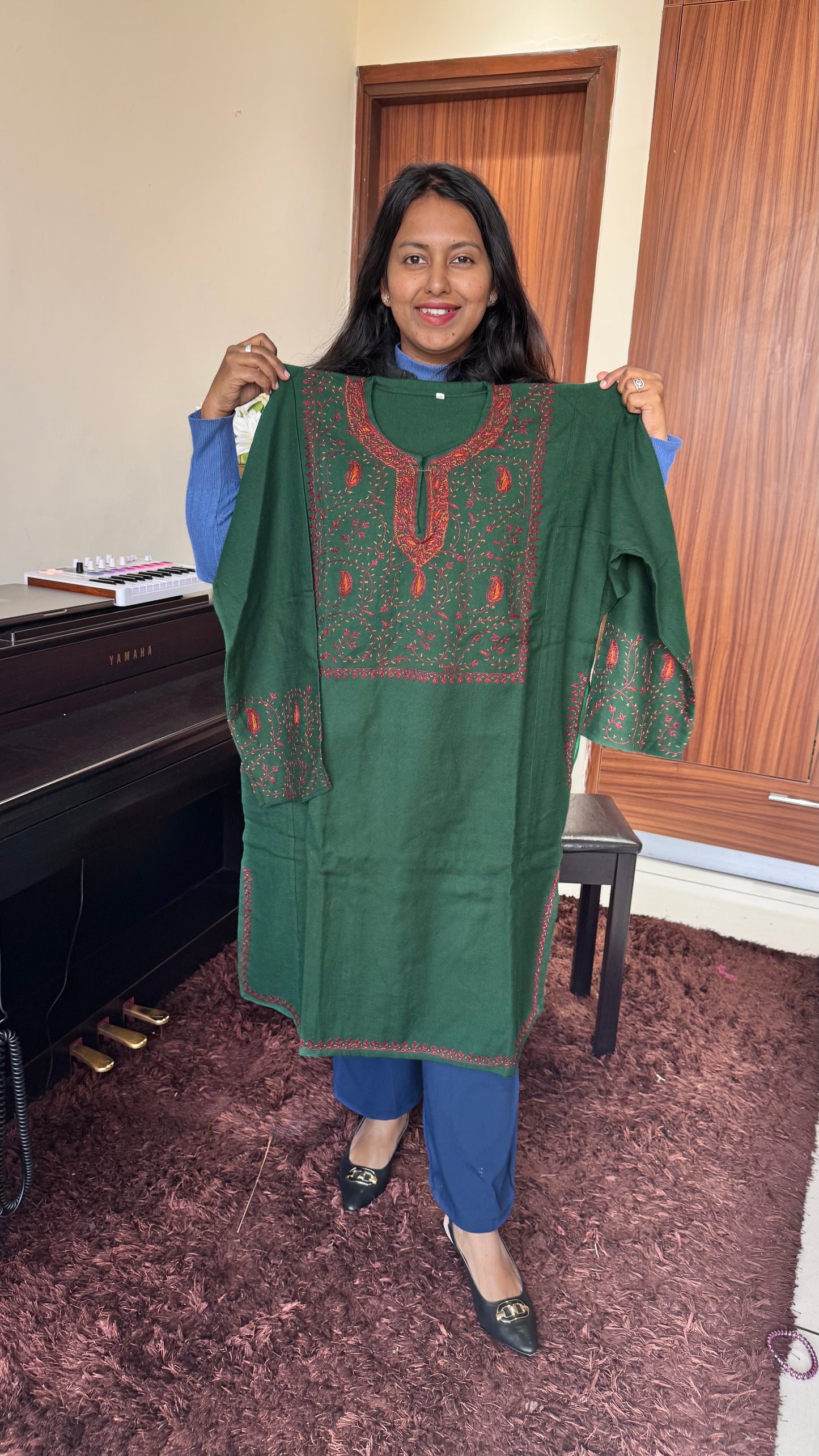 Bottle Green Hand Embroidered Pure Marino Wool Kashmiri Pheran with Pockets and Hand Embroidered Sleeves (Size 54”)