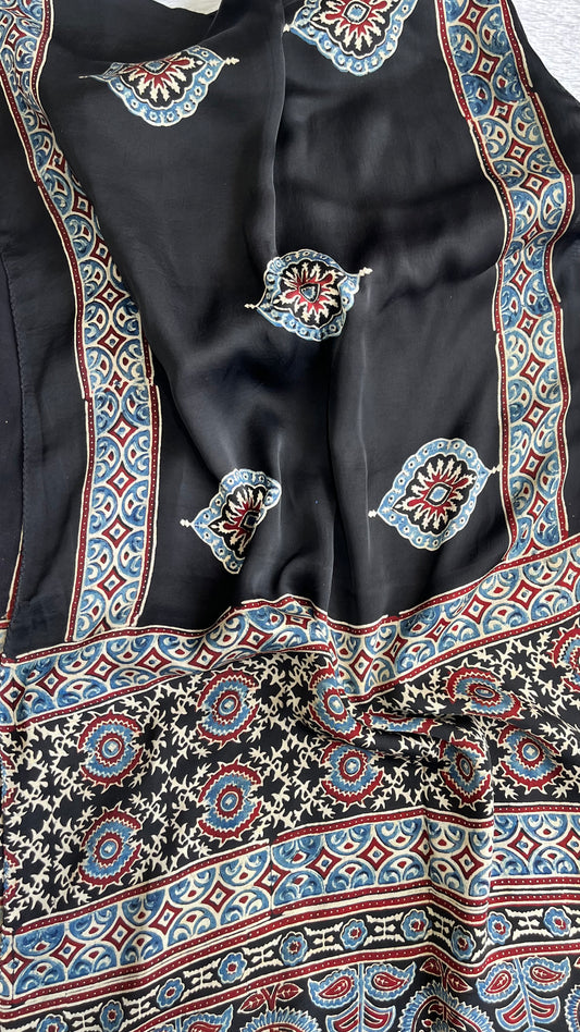 Black Diamond Boota Motif Ajrakh Hand Block Print Modal Silk Stole with Tassels