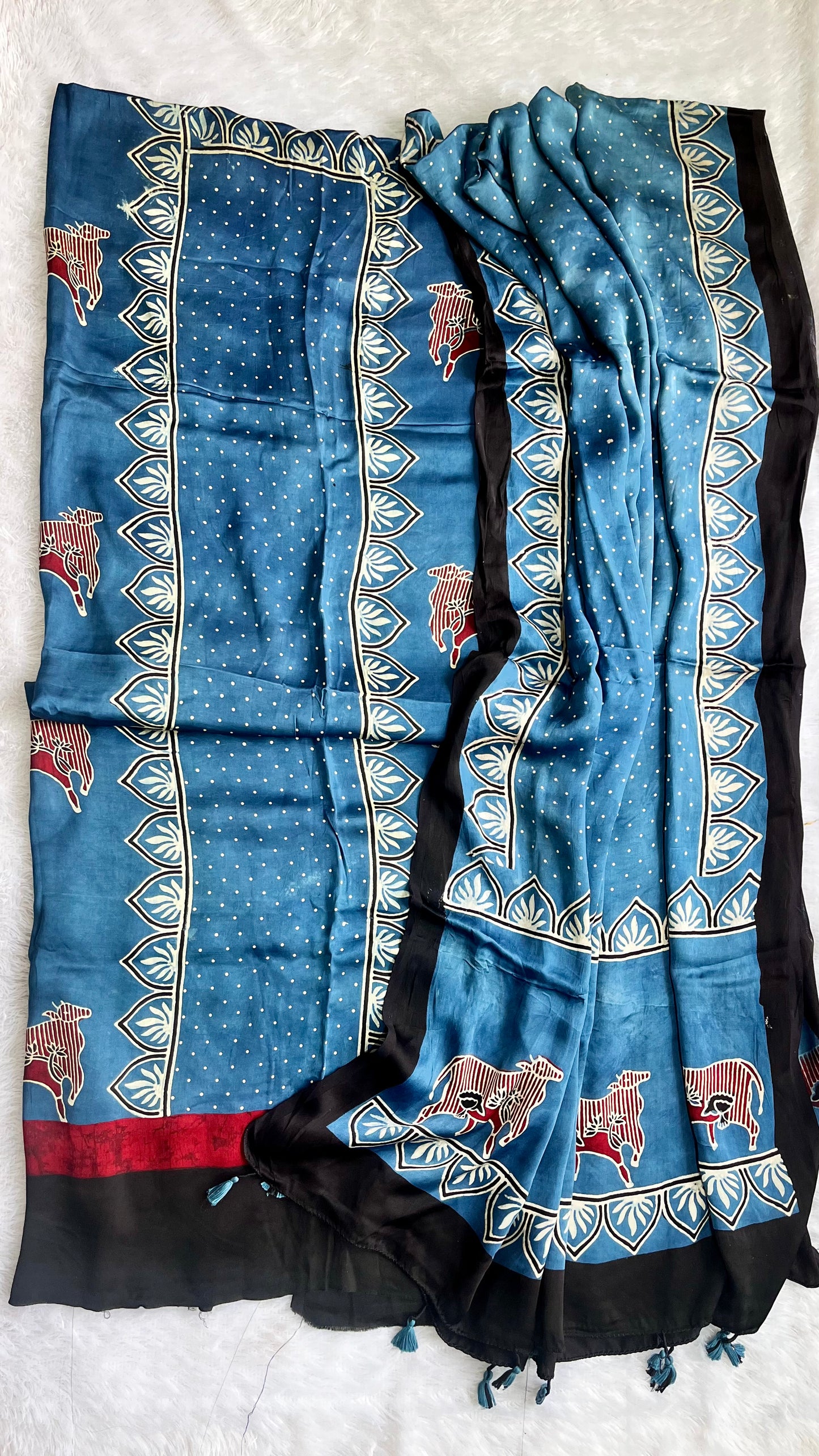 Deep Blue Kamdhenu Motif Modal Silk Ajrakh Hand Block 2 pc Suit Set with Tassels Finishing