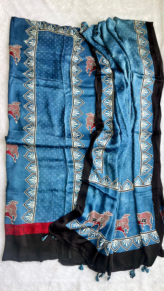 Deep Blue Kamdhenu Motif Modal Silk Ajrakh Hand Block 2 pc Suit Set with Tassels Finishing