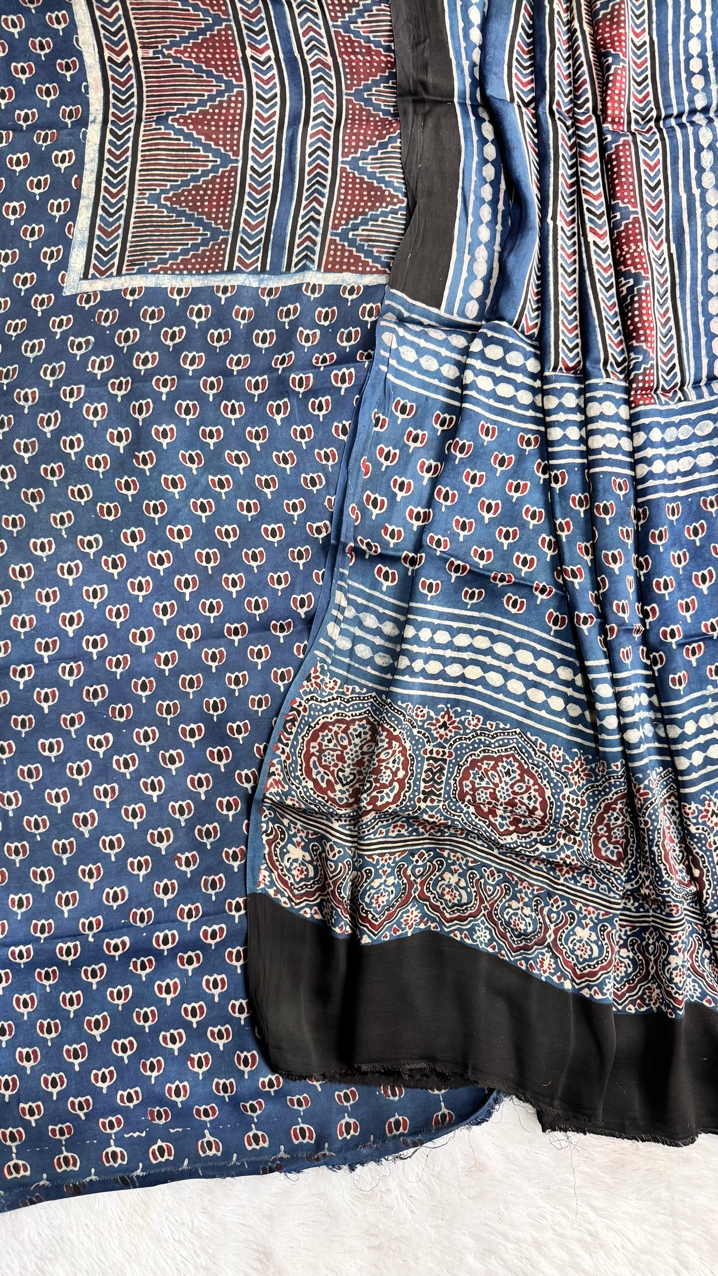 Blue Small Kamal Motif Modal Silk Hand Block Print 2pc Suit Material Set