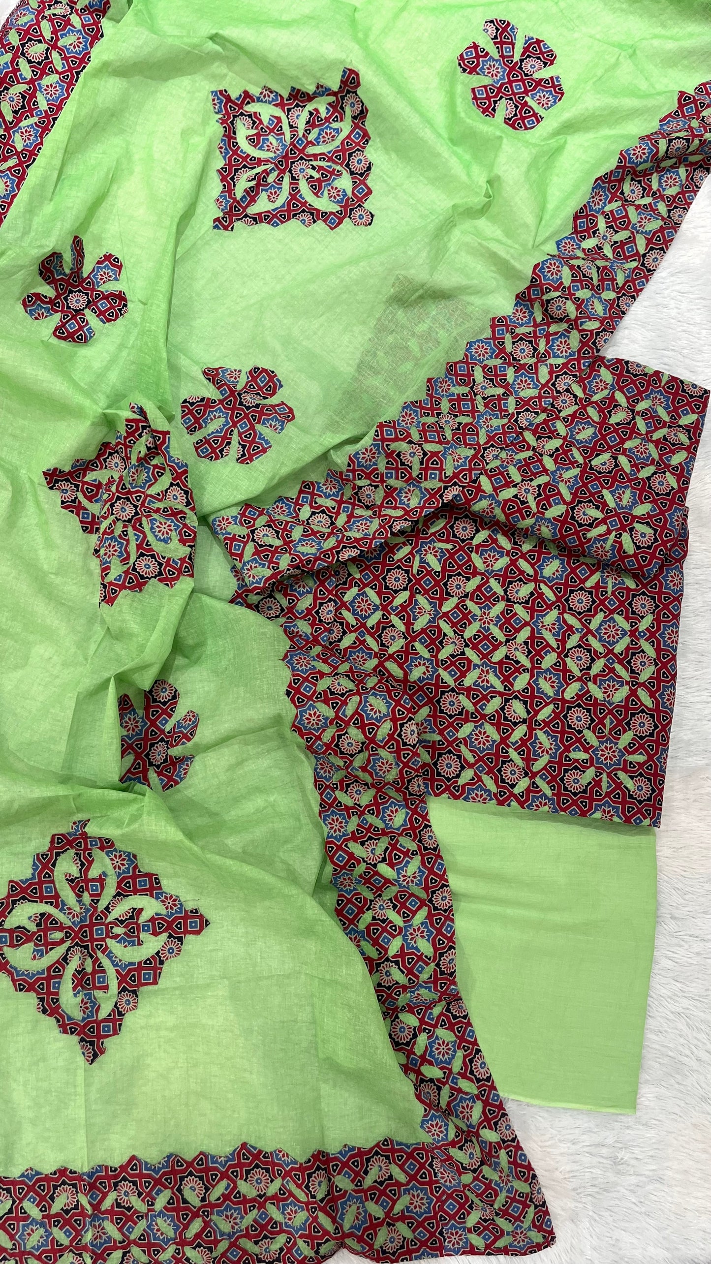 Parrot Green and Red Barmer Applique Cut Work Cotton Suit Material Set