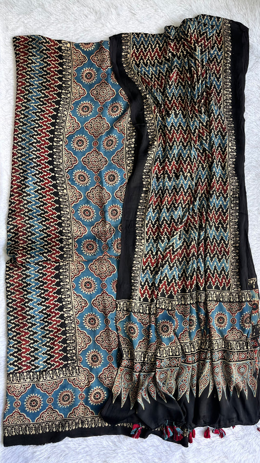 Black and Blue Zigzag Motif Ajrakh Hand Block Print Modal Silk 2 pc Suit Material Set