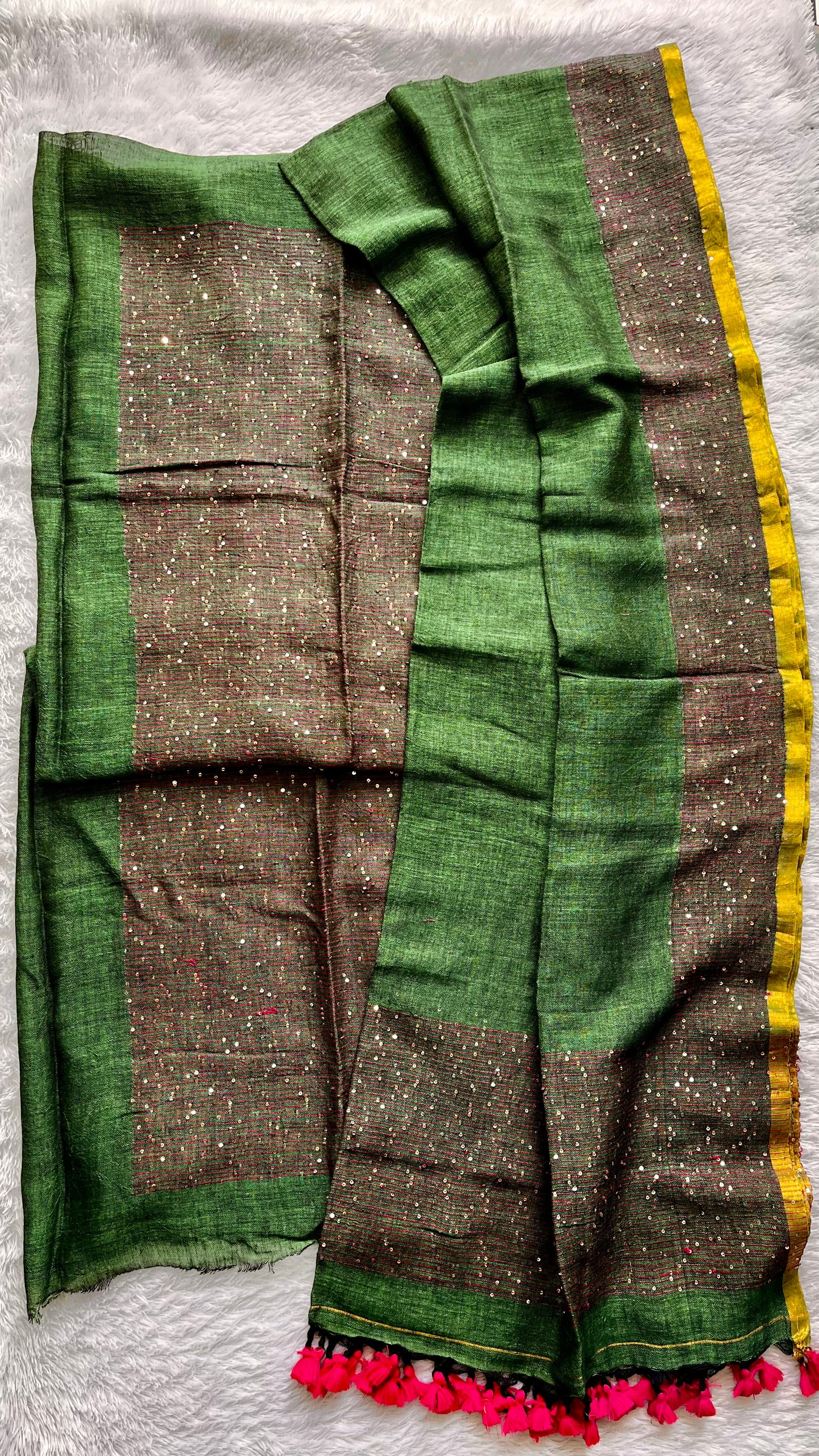 Forest Green Pure Linen on Linen Hand Woven Suit Set with Sequins Work and Tassels