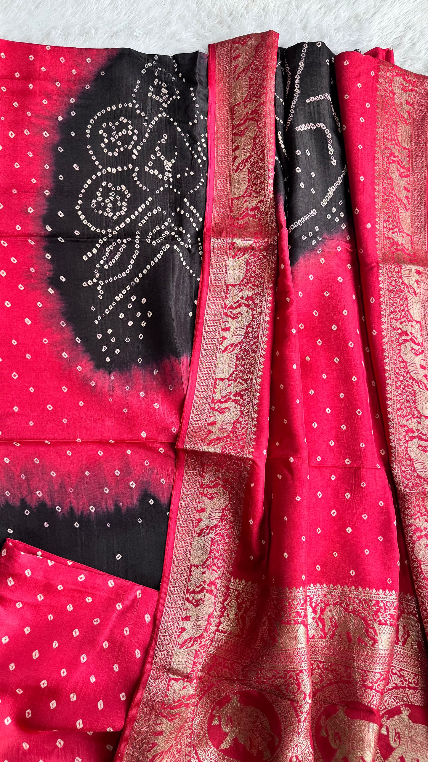 Red and Black Bandhej Pure Dola Silk Ajrakh Hand Block Print 3 pc Suit Material Set with Menakari Yoke and Nakkashi Dupatta and Bottom.