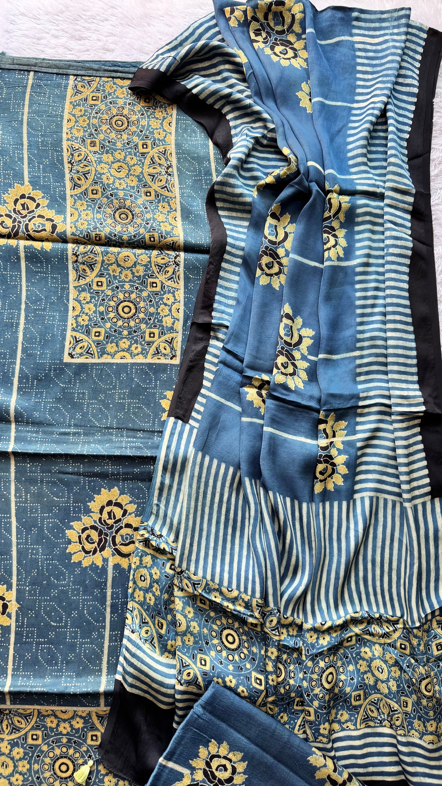 Indigo Floral Motif Ajrakh Hand Block Print Mashru Silk 3 pc Suit Material with Modal Silk Dupatta